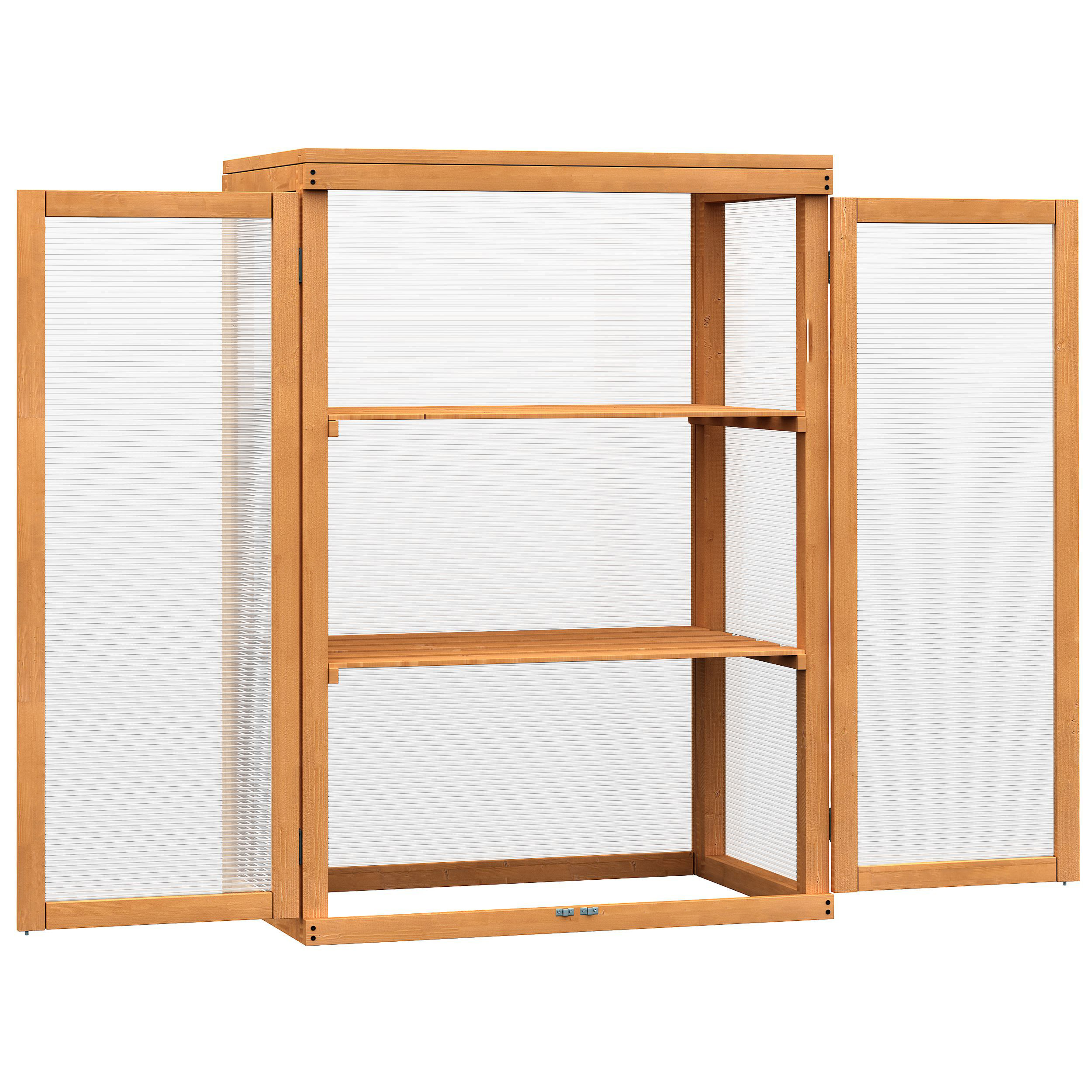 Outsunny Invernadero de Jardín Madera y Policarbonato 76x47x110 cm con 3 Estantes 2 Puertas Tapa Abatible Natural Resistente   Aosom España