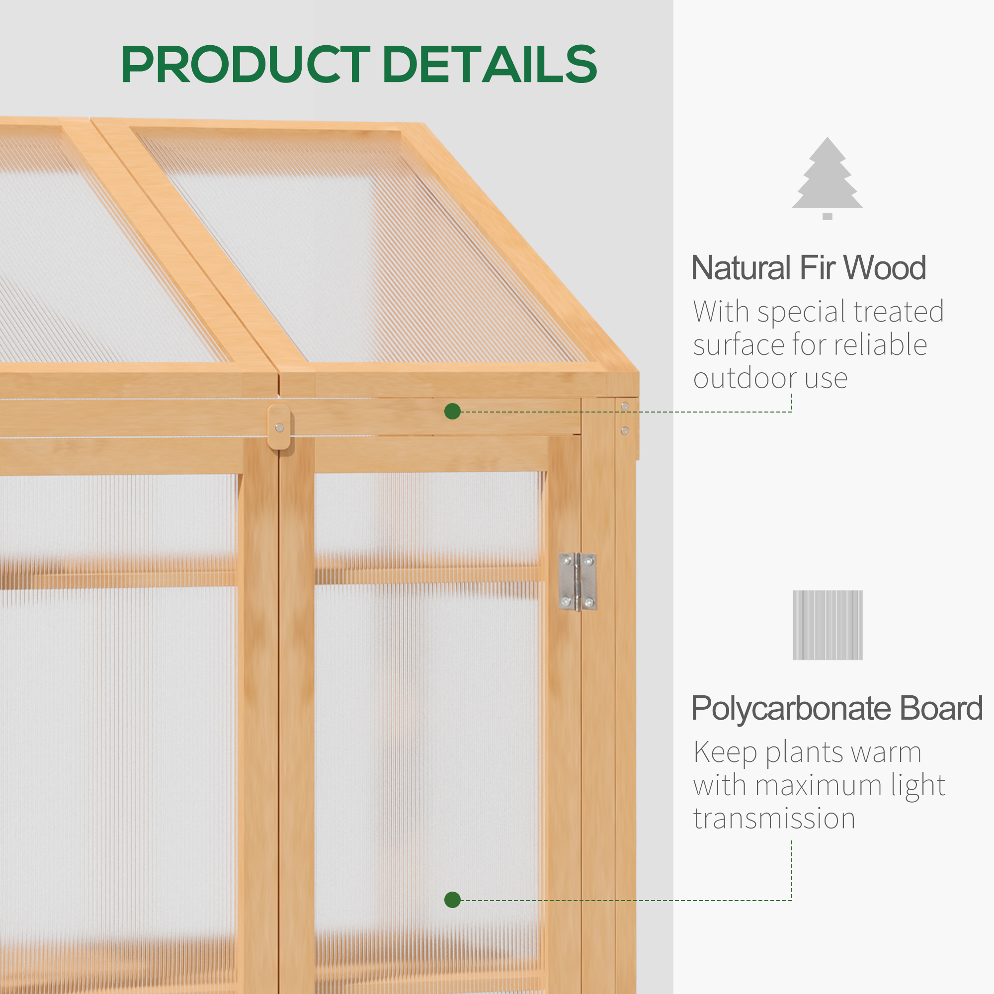 Outsunny Wooden Cold Frame Polycarbonate Greenhouse with Openable Top Cover and Double Door, Grow House for Flower, Vegetable and Plants, 70 x 50 x 120cm, Grey 4