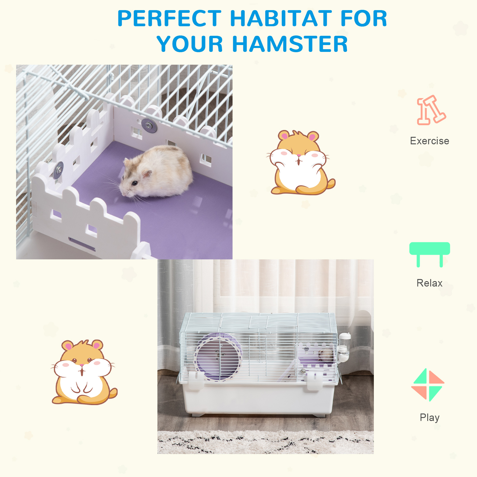 PawHut 2 Tier Hamster Cage, Gerbil Cage with Exercise Wheel, Water Bottle, Ladder, White 4