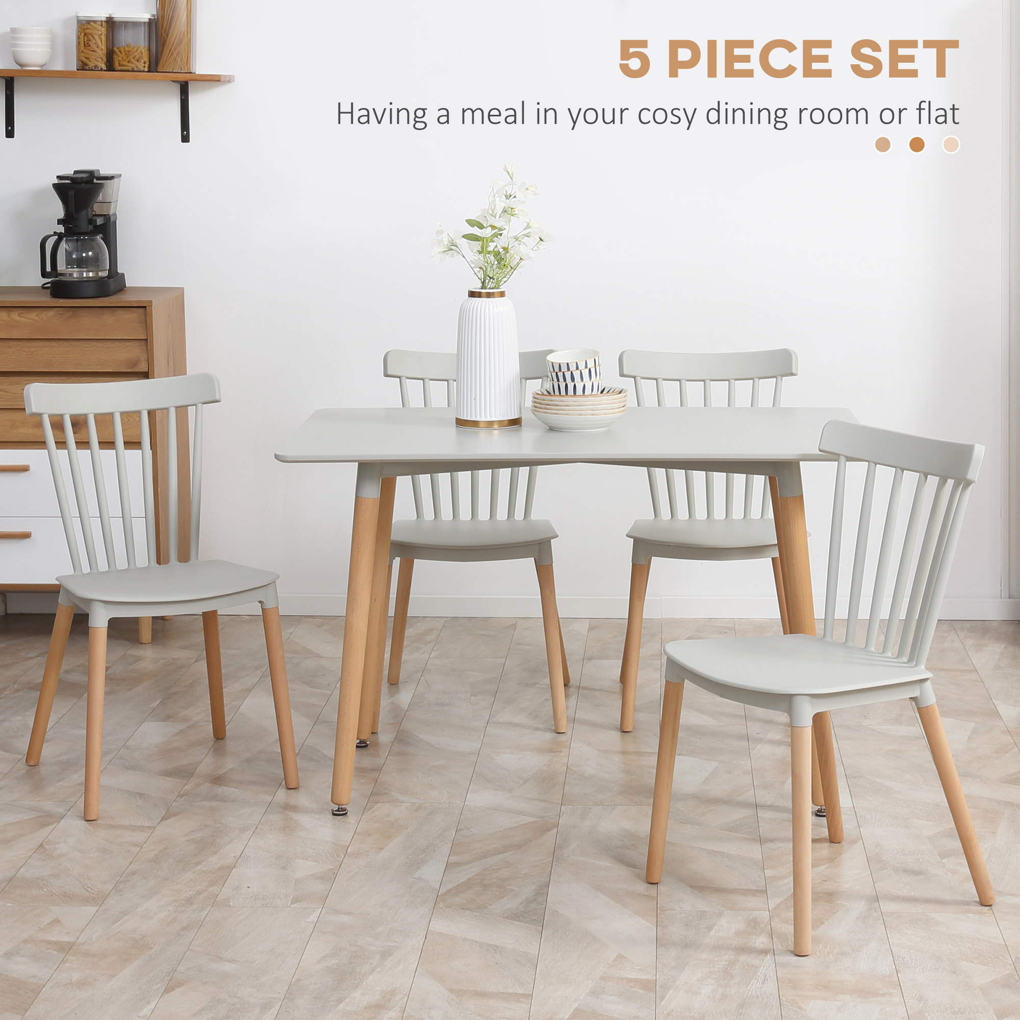 HOMCOM 5 Piece Dining Table Set with Beech Wood Legs, Space Saving Table and 4 Chairs for Small Kitchens, Grey 4