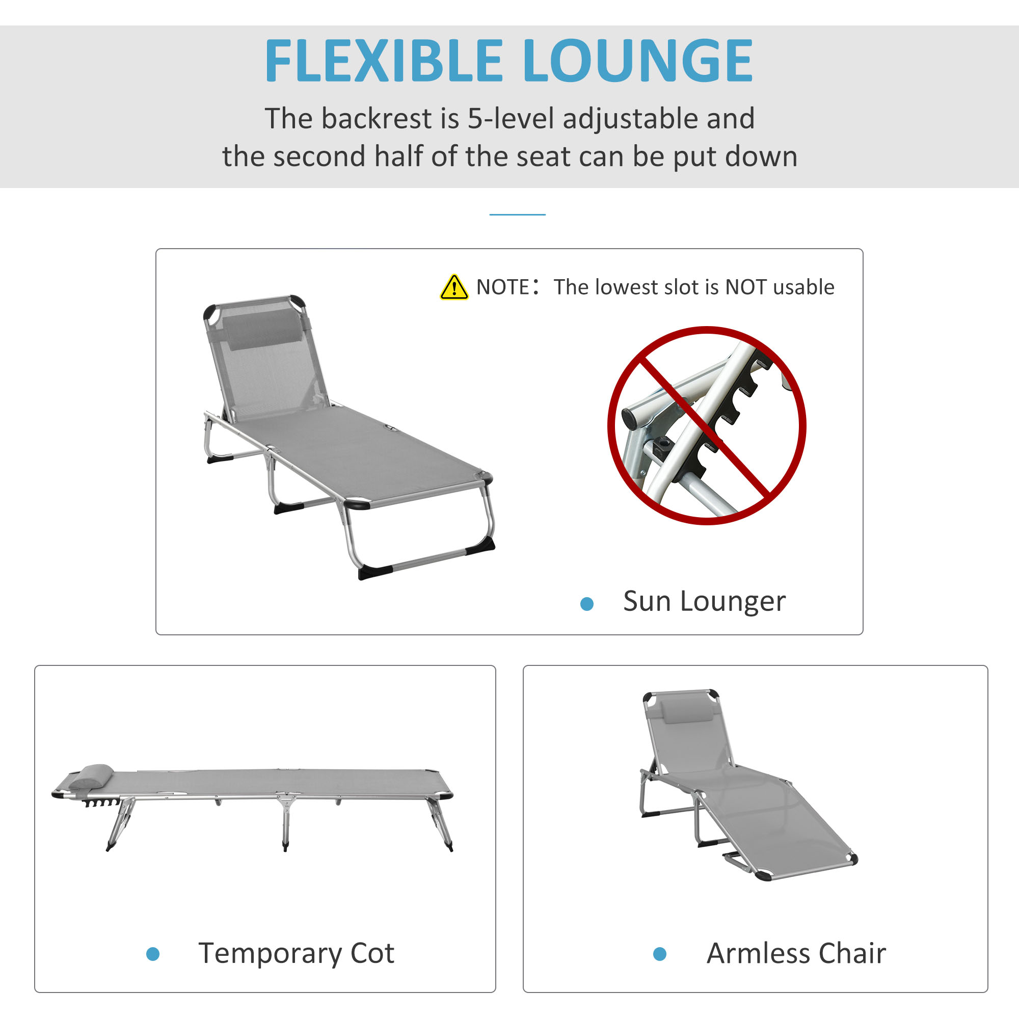Outsunny Foldable Reclining Sun Lounger Lounge Chair Camping Bed Cot w/ Pillow 4-Level Adjustable Back Aluminium Frame Grey 4