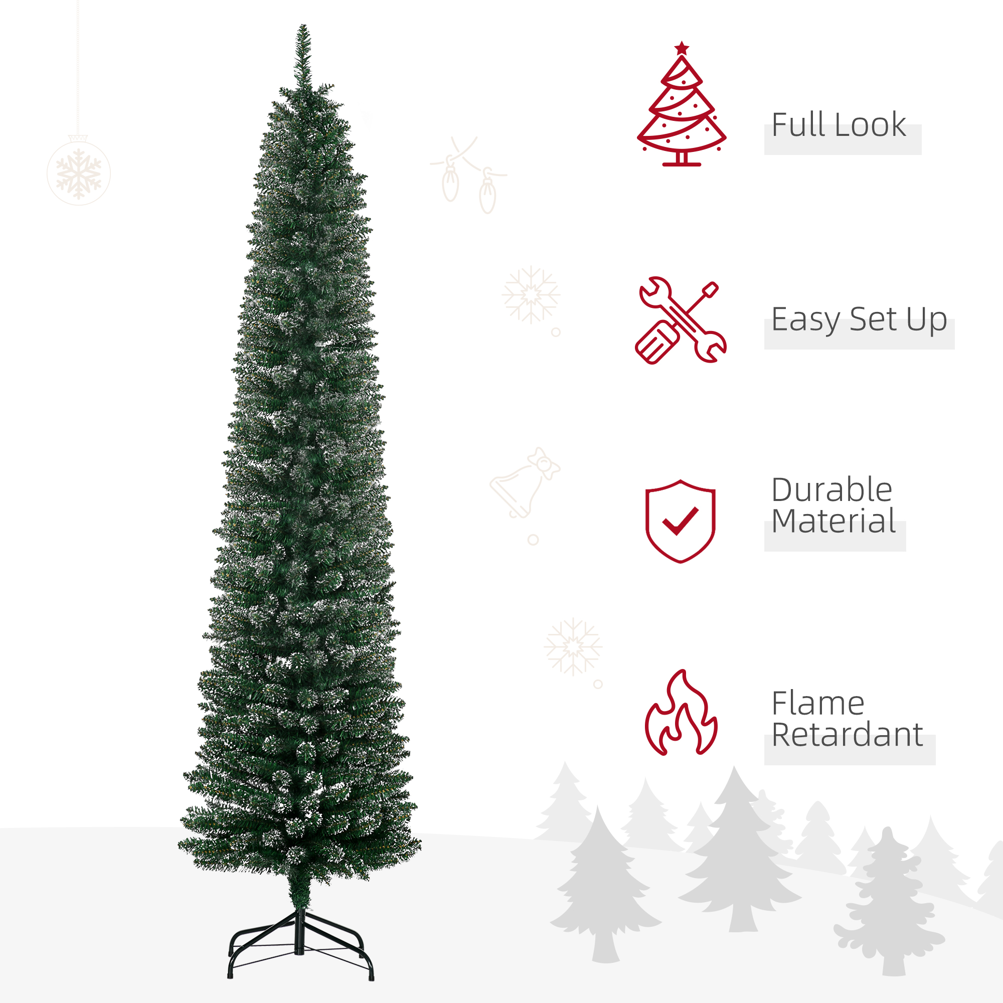HOMCOM 7.5FT Artificial Snow Dipped Christmas Tree Xmas Pencil Tree Holiday Home Indoor Decoration with Foldable Black Stand, Green 4