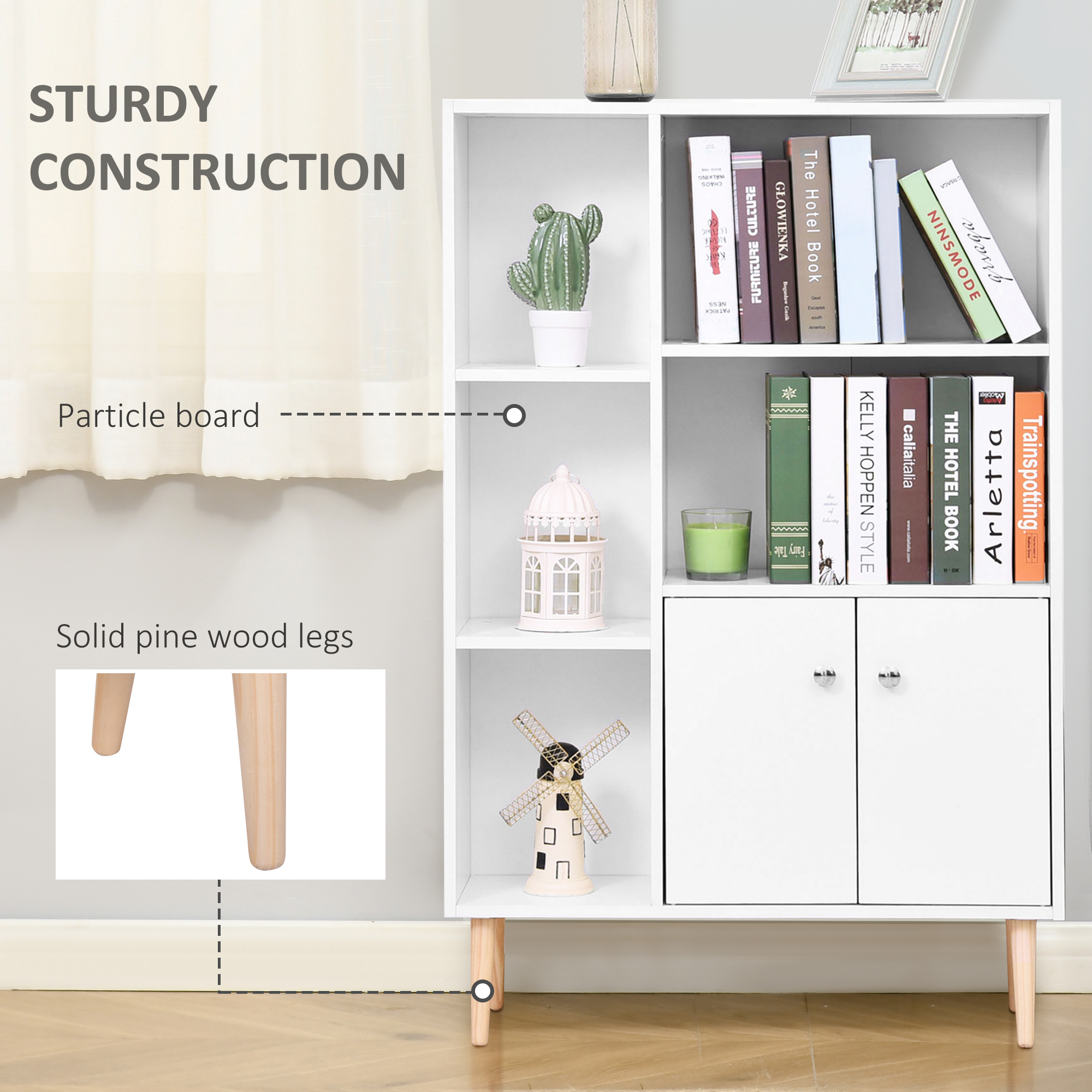 HOMCOM Sideboard Storage Cabinet Cupboard, Open Bookcase with 2 Doors 5 Compartments Wooden Modern Style for Living Room Bedroom Kitchen 80 x 23 x 123 cm, White 5