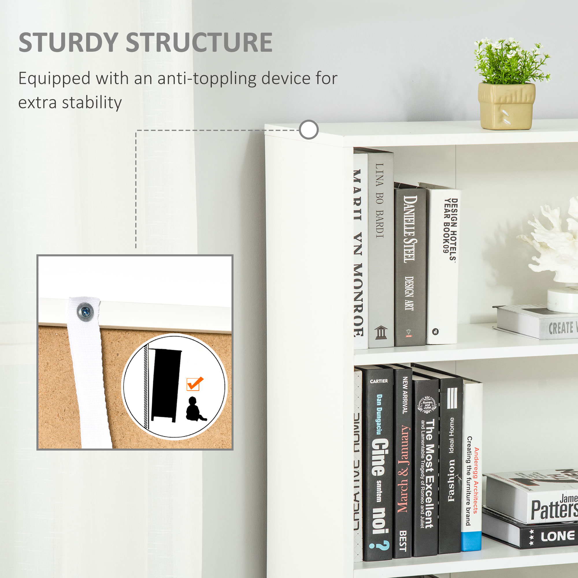 HOMCOM 6-Tier Tall Bookcase, Bookshelf with 4 Open Shelves and Double Door Storage Cabinet, Freestanding Display Rack for Living Room, Bedroom, Home Office, Study, 59 x 29 x 180cm, White 5
