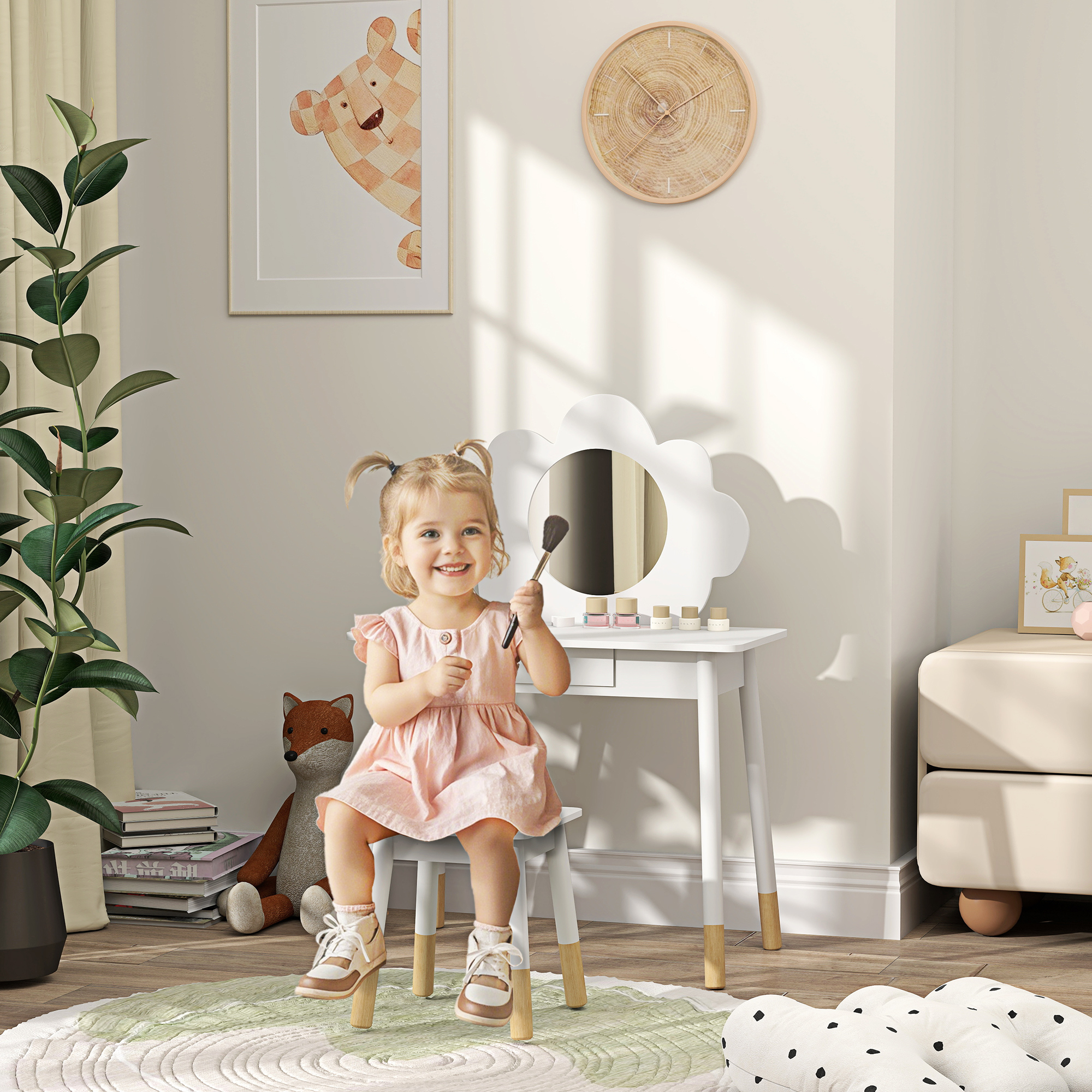 AIYAPLAY Kids Dressing Table with Mirror, Stool, Drawer, Cloud Design, White 2