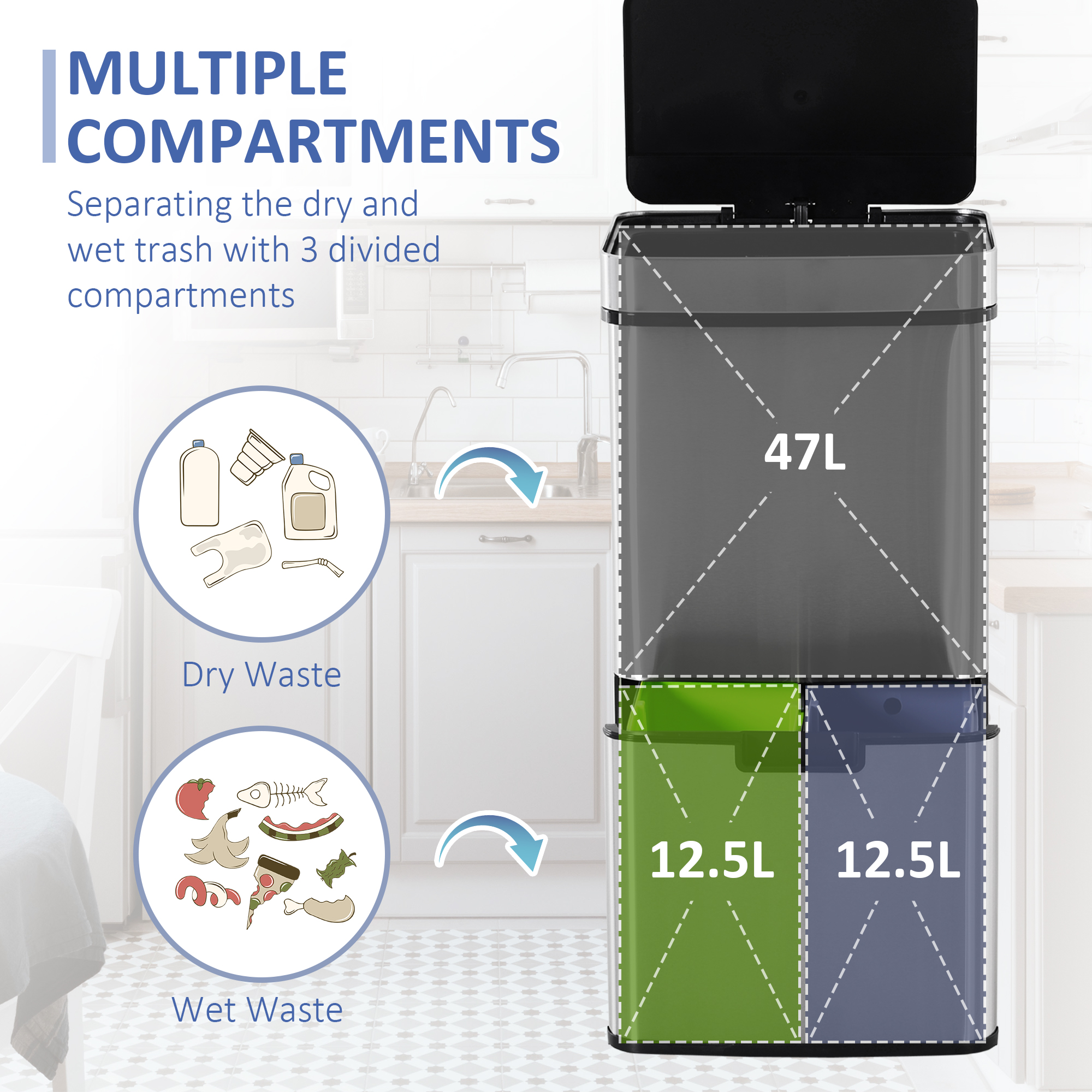 HOMCOM 72L Recycling Sensor Bin Stainless Steel 3 Compartments For Both Wet/Dry Waste w/Removable Lid  Kitchen Home 6