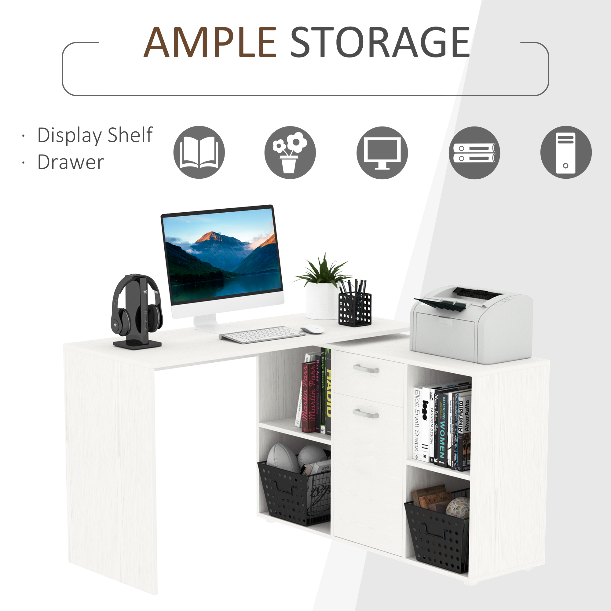 HOMCOM L-Shaped Computer Desk with Storage Compartments, Drawer and Cabinet, Laptop PC Corner Table, Home Office Workstation, 120 x 115 x 76cm, White 4