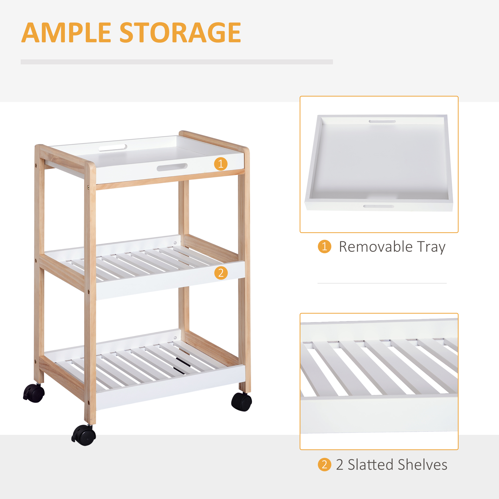 HOMCOM 3-Tier Mobile Kitchen Trolley Cart Storage Shelves Rack Rolling Wheels White 46 x 35 x 74.5 cm 4