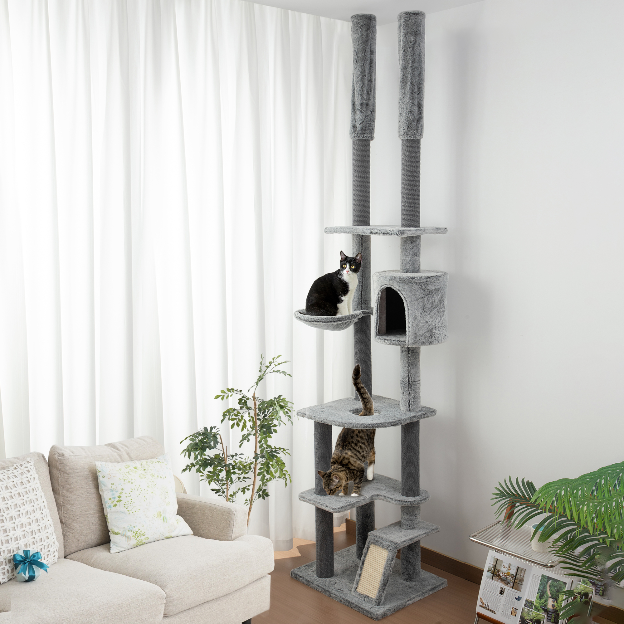 PawHut 132cm Cat Tree w/ Scratching Posts, Pad, Cat Bed, Cat House, Jumping Platform, Grooming Brush, Anti-Tip Kit, Light Grey