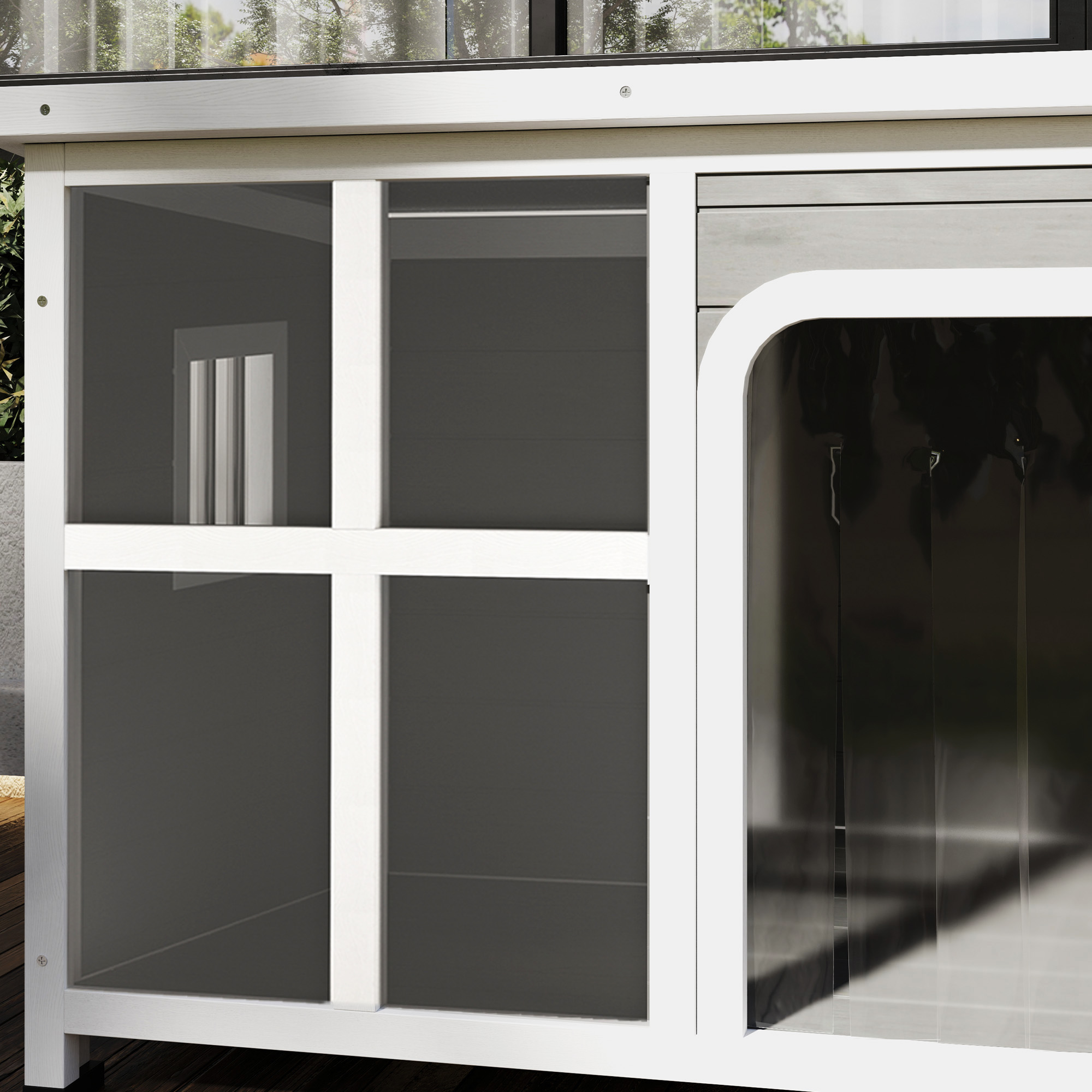 PawHut Wooden Outdoor Dog House with Asphalt Openable Top, Removable Floor, Clear Front Panel, Curtain, Light Grey 9