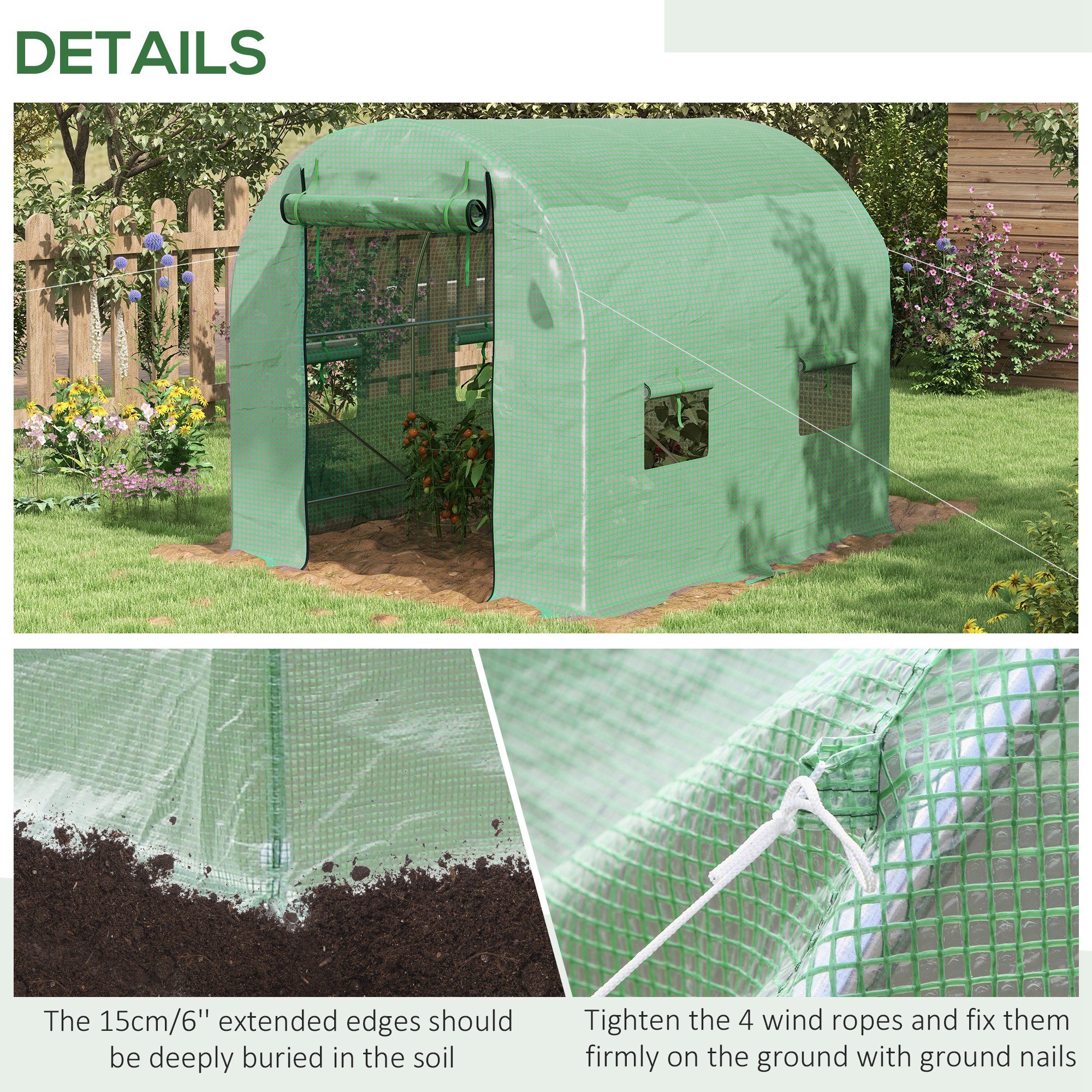 Outsunny Walk-In Garden Polytunnel Greenhouse with Steel Frame, PE Cover, Roll-Up Door and 4 Windows, 2.5 x 2m, Green 5