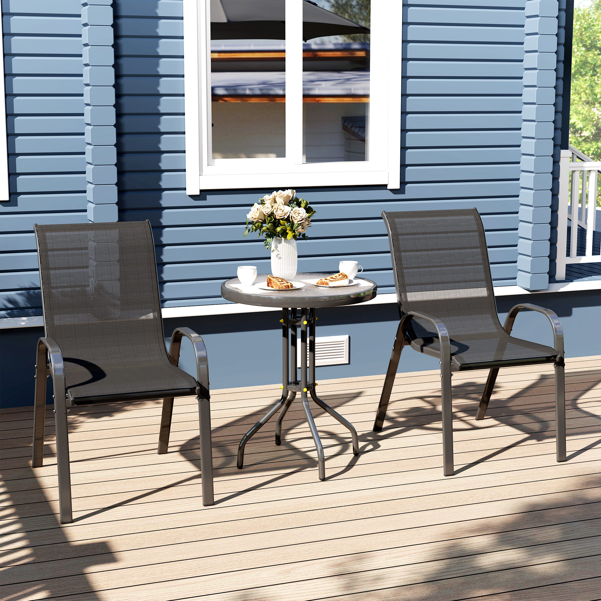 Outsunny Salon De Jardin 3 Pièces Élégant - 2 Fauteuils Empilables En Textilène + Table Basse Verre Trempé, Idéal Patio, Terrasse, Balcon - Noir
