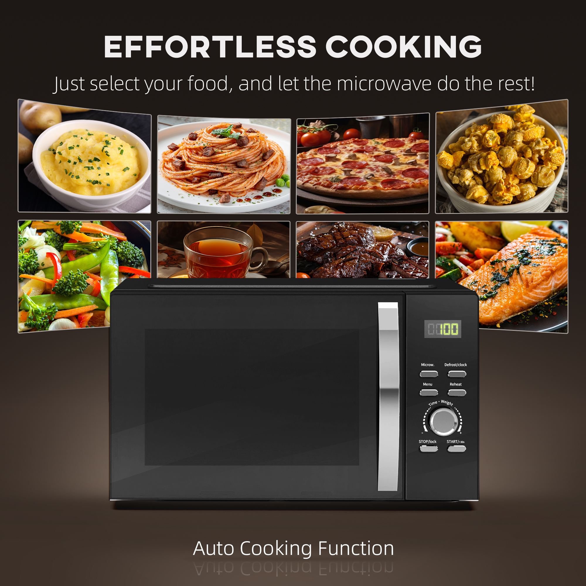HOMCOM 23L 800W Microwave Oven, Digital Solo Microwave with 5 Power Levels, Automatic Defrost, 8 Auto Cook Menus, 60 Minutes Timer, Clock, Easy Clean, Small Black Microwave 4