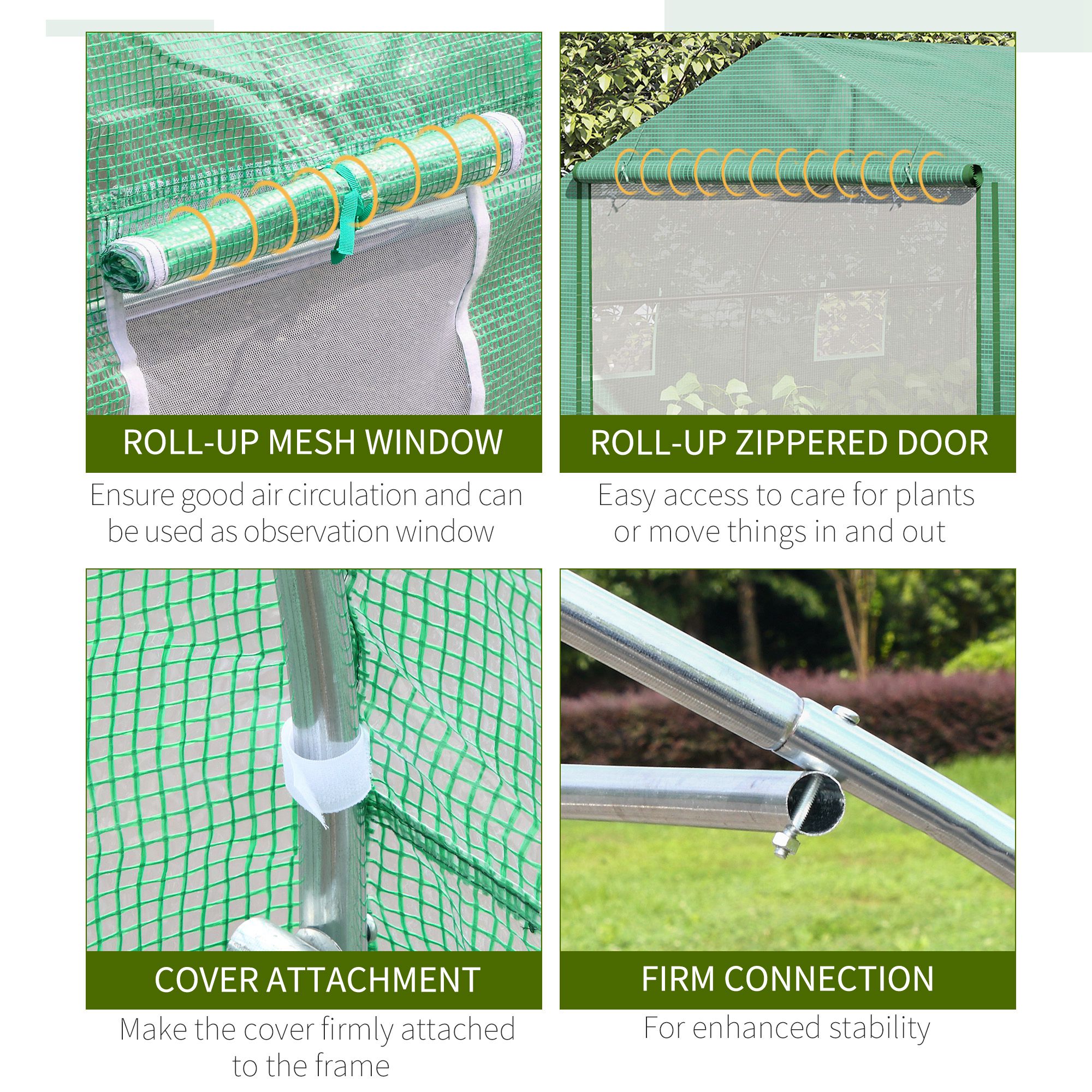 Outsunny Walk-in Polytunnel Garden Greenhouse, Outdoor Mesh Door Greenhouse with PE Cover and 6 Windows, 4.5 x 3 x 2m, Green 6