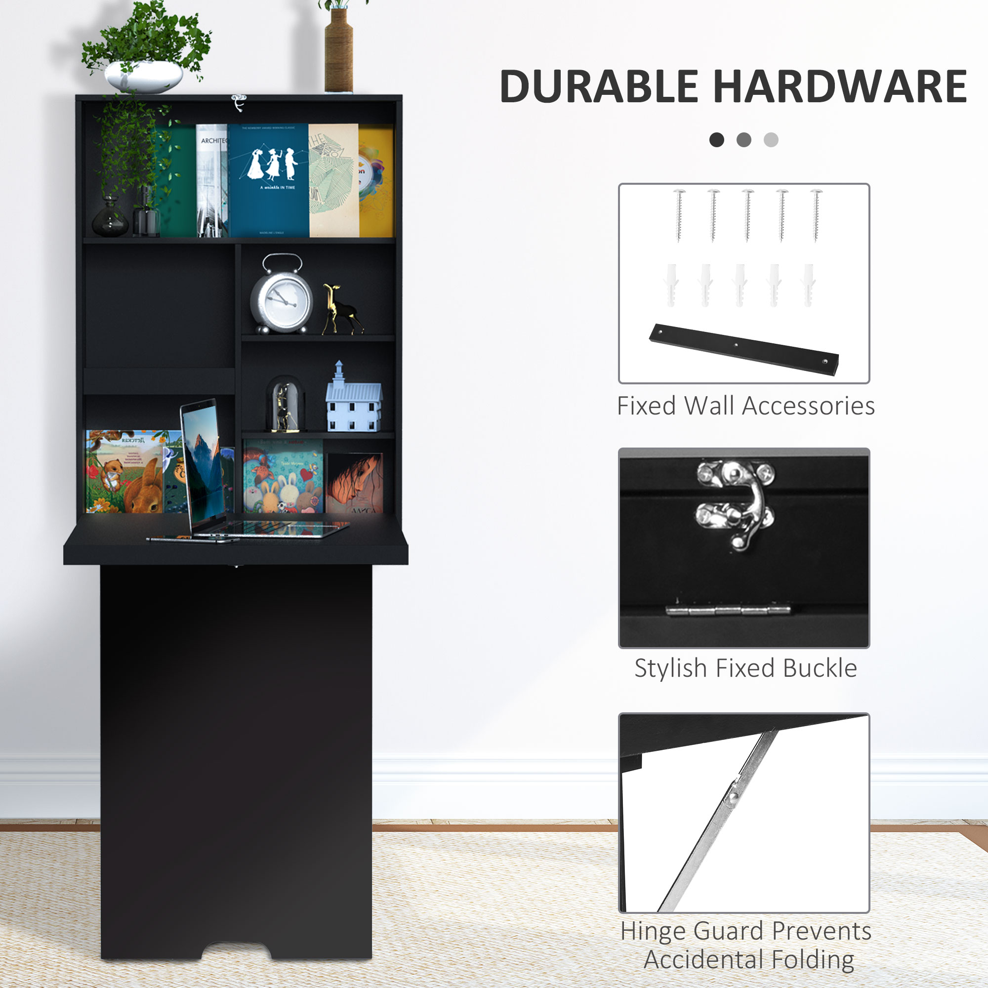 HOMCOM Folding Wall-Mounted Drop-Leaf Table, Convertible Wall Table With Chalkboard and Storage Shelf, Multifunctional Floating Desk for Home Office, Black 4