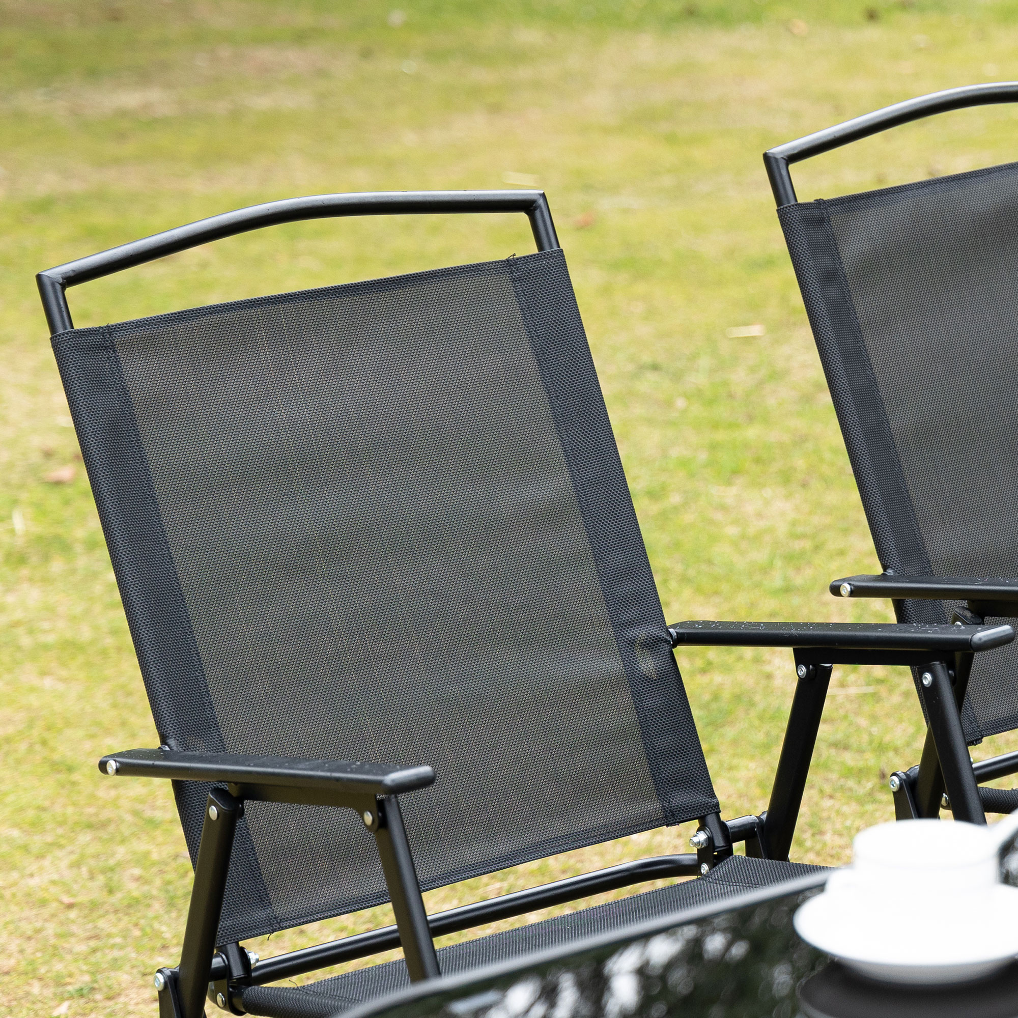 Outsunny Eight-Piece Garden Dining Set, with Chairs, Table and Parasol Black 8