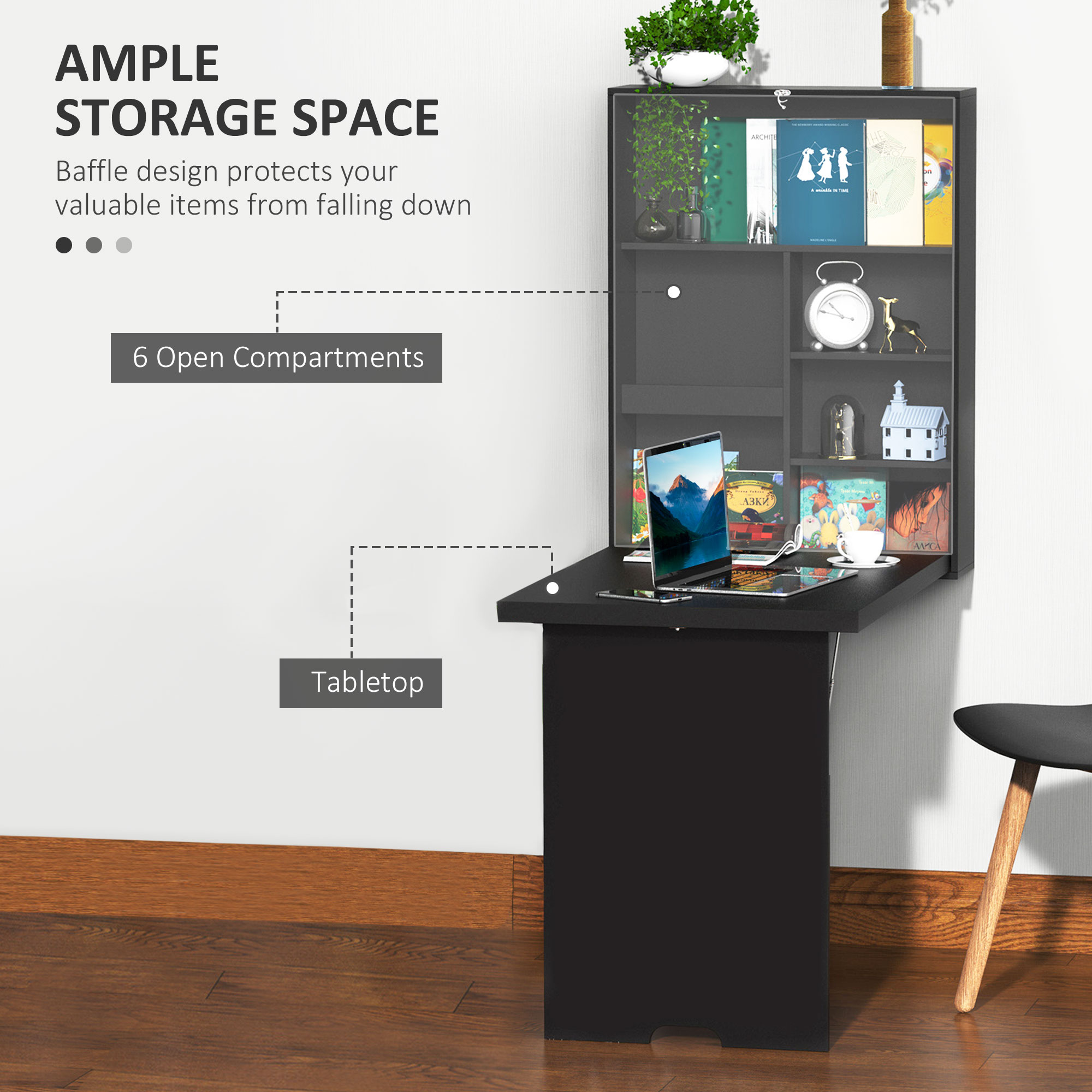 HOMCOM Folding Wall-Mounted Drop-Leaf Table, Convertible Wall Table With Chalkboard and Storage Shelf, Multifunctional Floating Desk for Home Office, Black 5