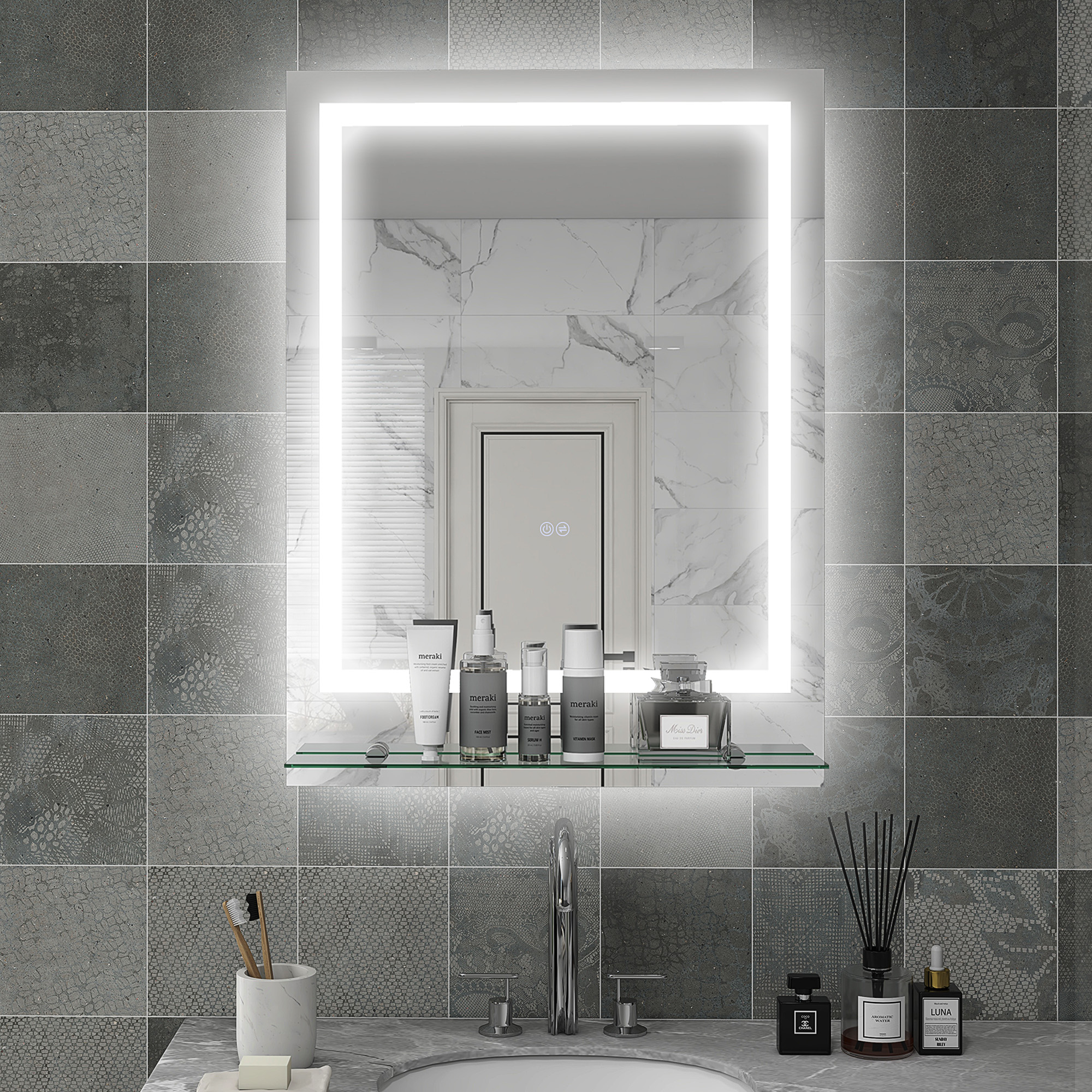 kleankin Large Vanity Mirror with Lights and Shelf, Illuminated bathroom Mirror with 3 Colour Brightness, Smart Touch, Anti-Fog 2