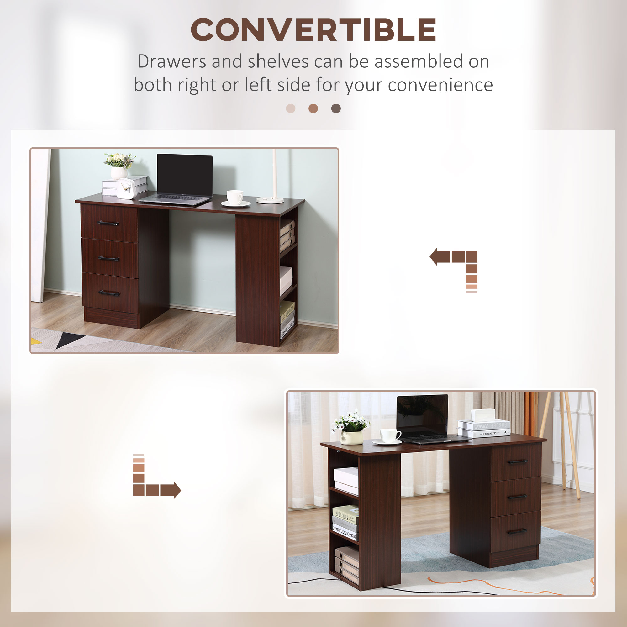 HOMCOM Computer Desk, Writing Table, PC Workstation with 3 Storage Shelves and Drawers, Black Handle, for Home Office, Walnut Brown 6