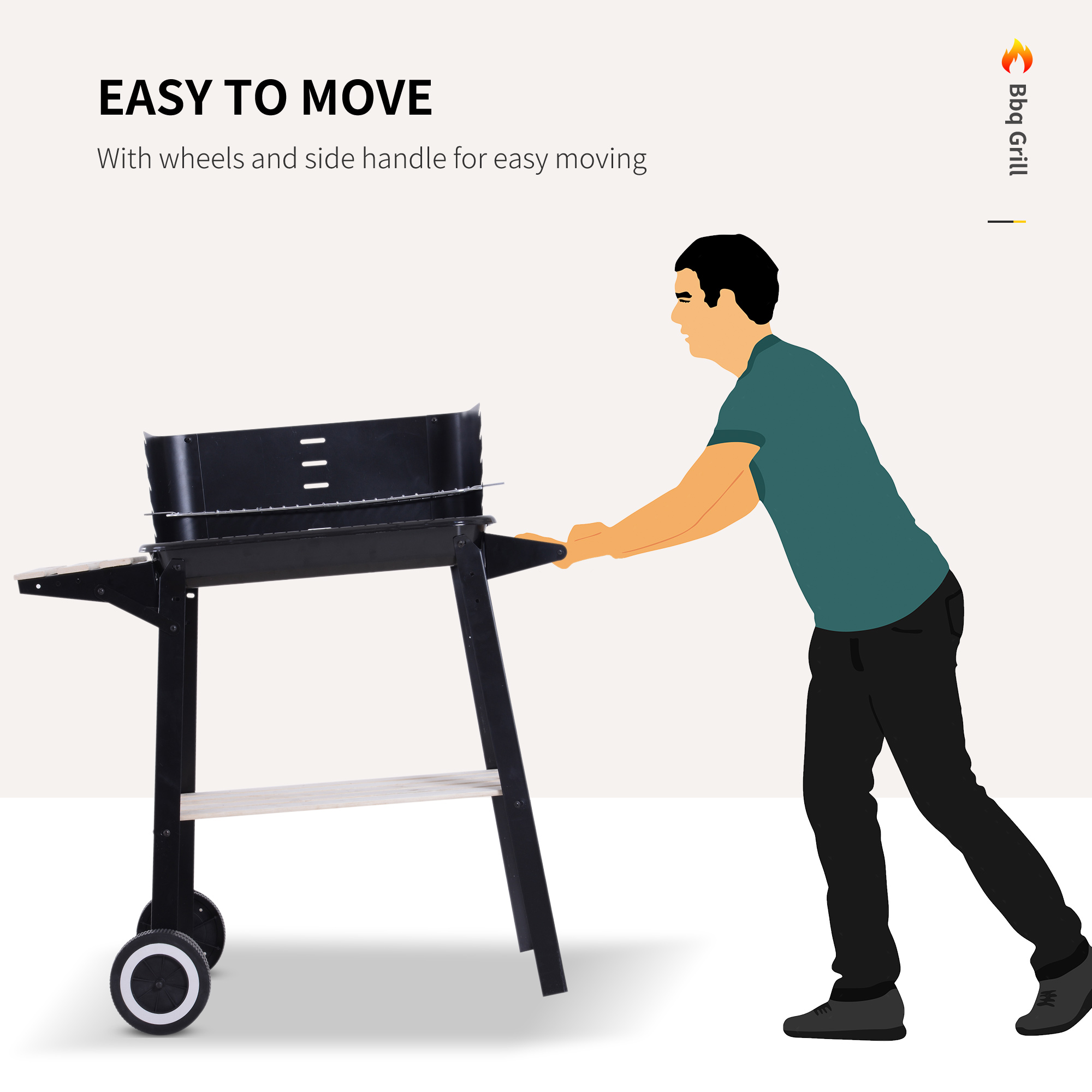 Outsunny Trolley Charcoal BBQ Barbecue Grill Outdoor Patio Garden Heating Smoker with Side Trays Storage Shelf and Wheels 4