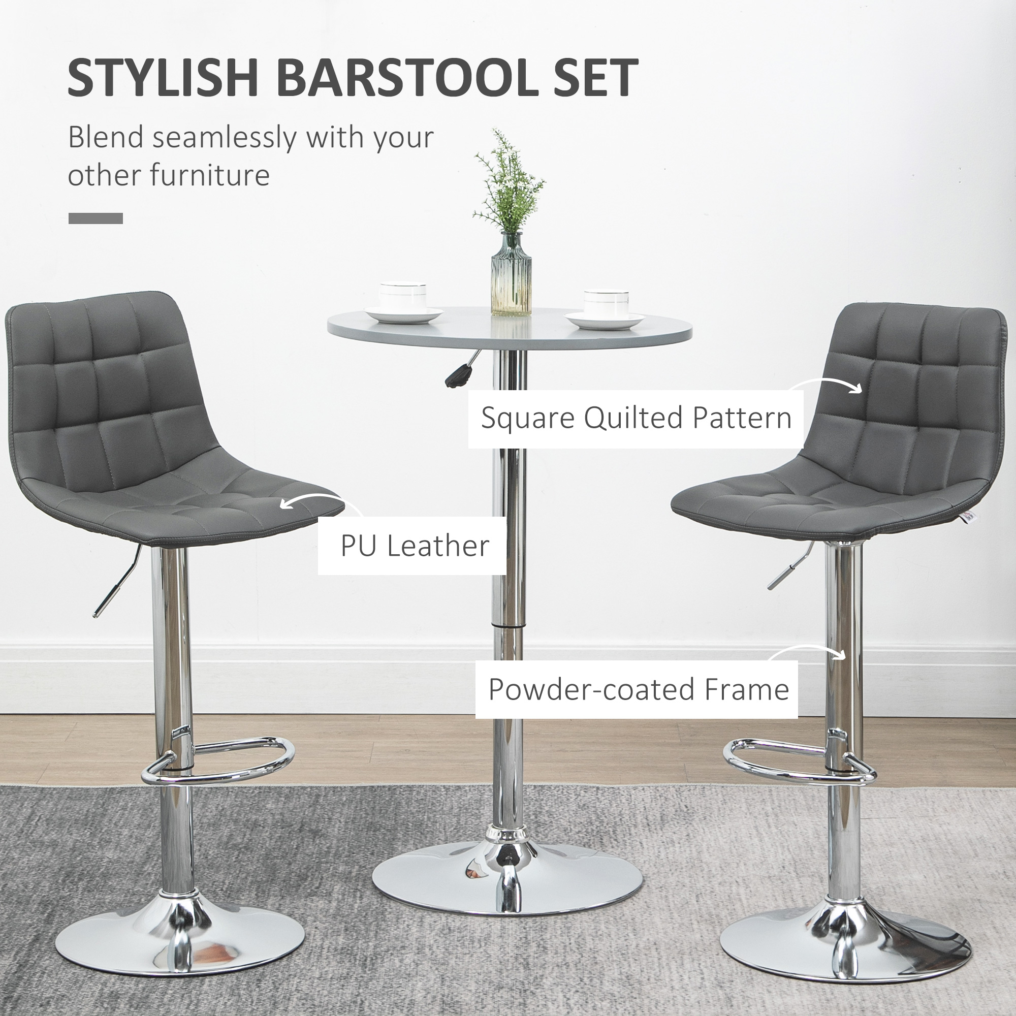 HOMCOM Adjustable Bar Stools Set of 2, Swivel PU Leather Upholstered Barstools with Tufted Seat and Back, Breakfast Bar Chairs for Kitchen Counter, Grey 4
