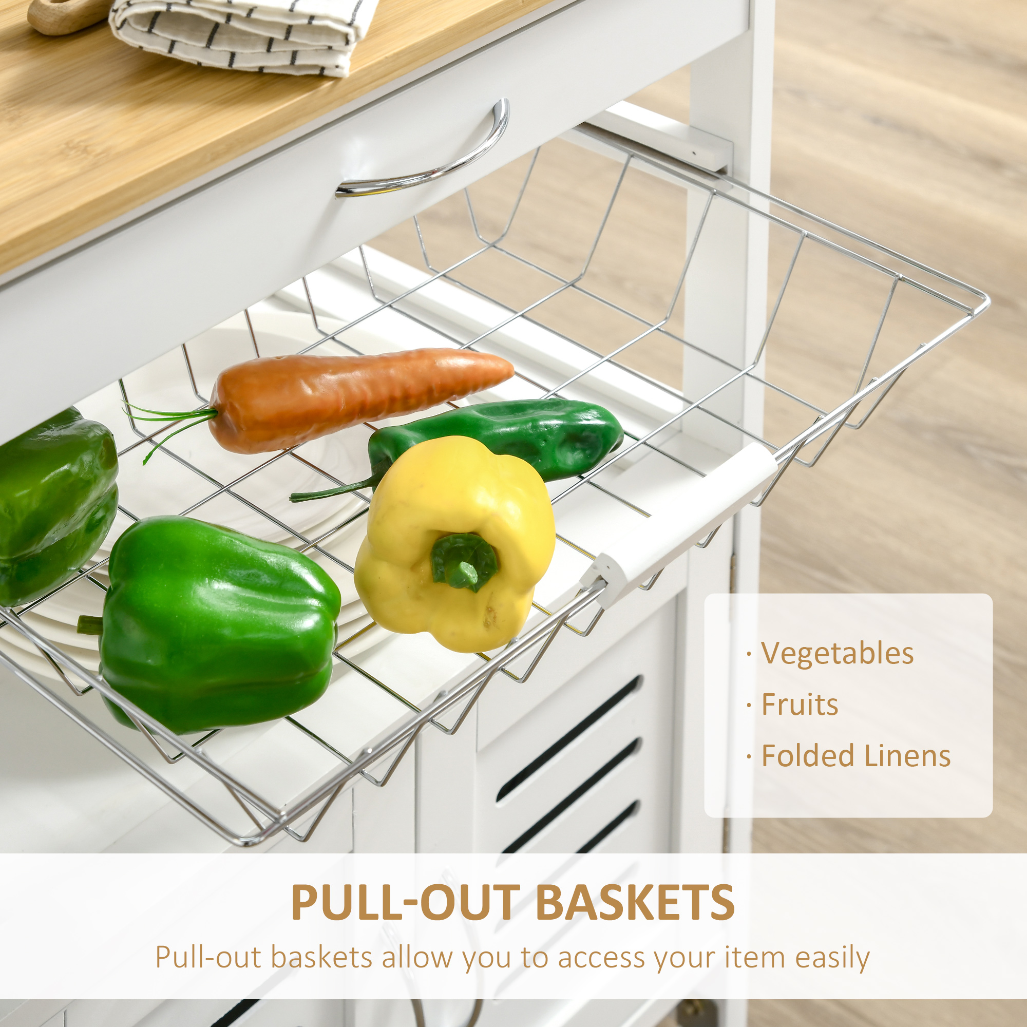 HOMCOM Rolling Kitchen Island Trolley Utility Cart on Wheels with Bamboo Table Top, Storage Cabinet, Drawer and Wire Basket 7
