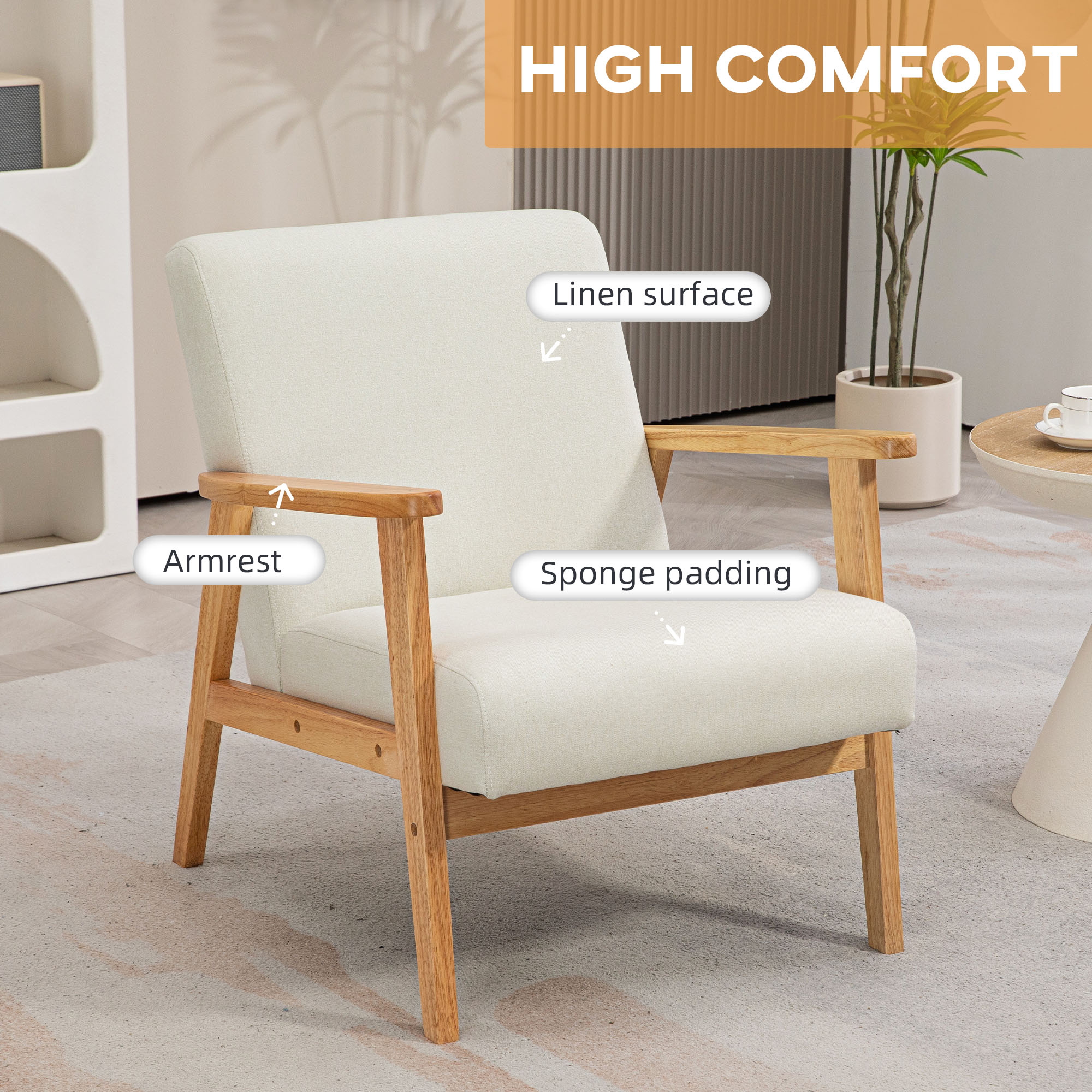HOMCOM Fabric Accent Chair for Living Room, Arm Chair with Rubber Wood Frame and Padded Cushion, Cream White 4