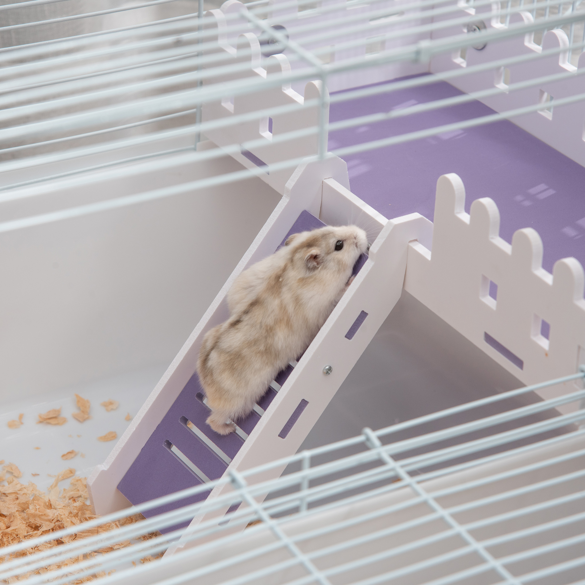 PawHut 2 Tier Hamster Cage, Gerbil Cage with Exercise Wheel, Water Bottle, Ladder, White 8