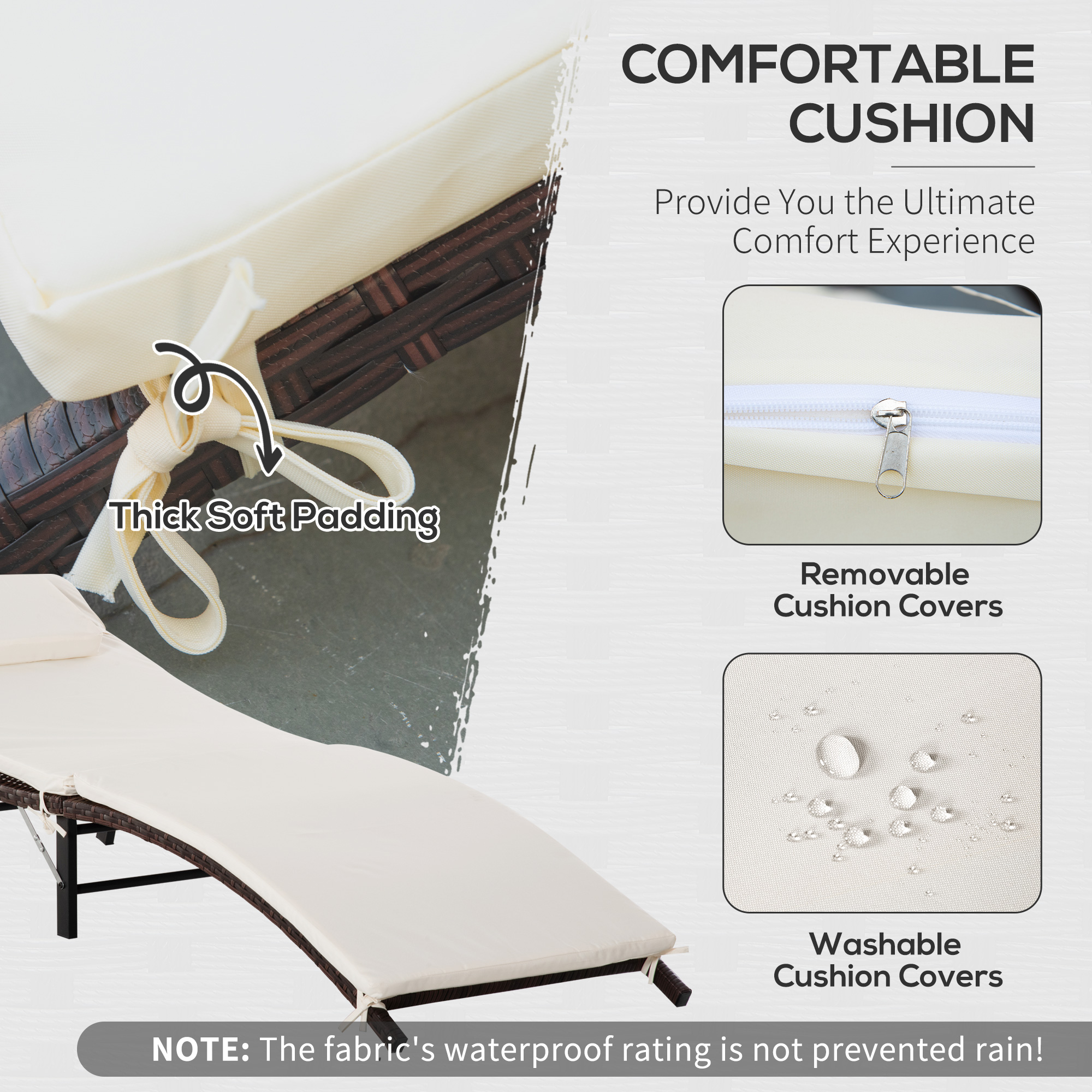 Outsunny Rattan Folding Sun Lounger Outdoor Chair with Cushion and Pillow Cream White 5