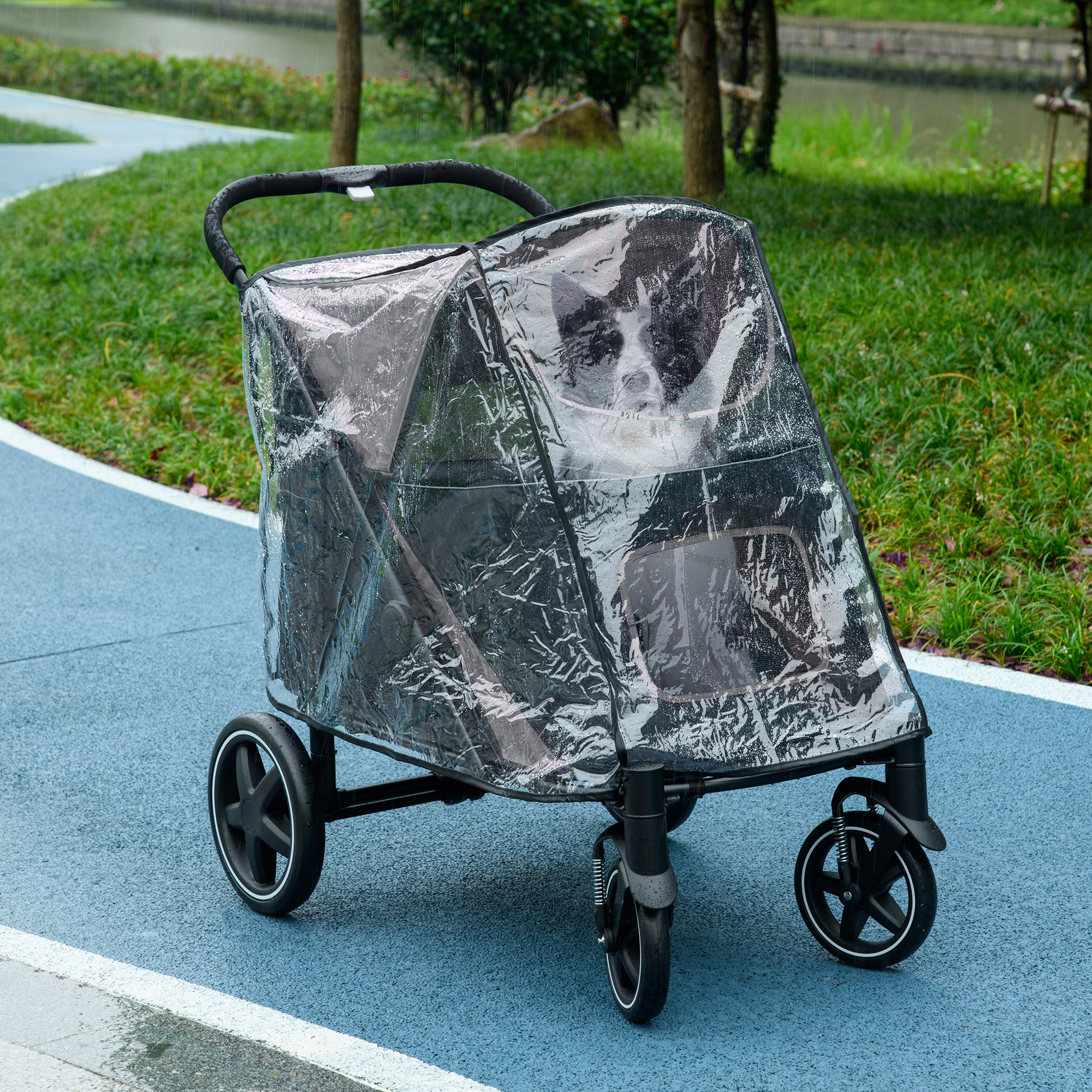 PawHut Dog Stroller with Rain Cover, Dog Pushchair One-Click Fold Trolley Jogger with EVA Wheels Brake Basket Adjustable Canopy Safety Leash for Small Dogs, Grey