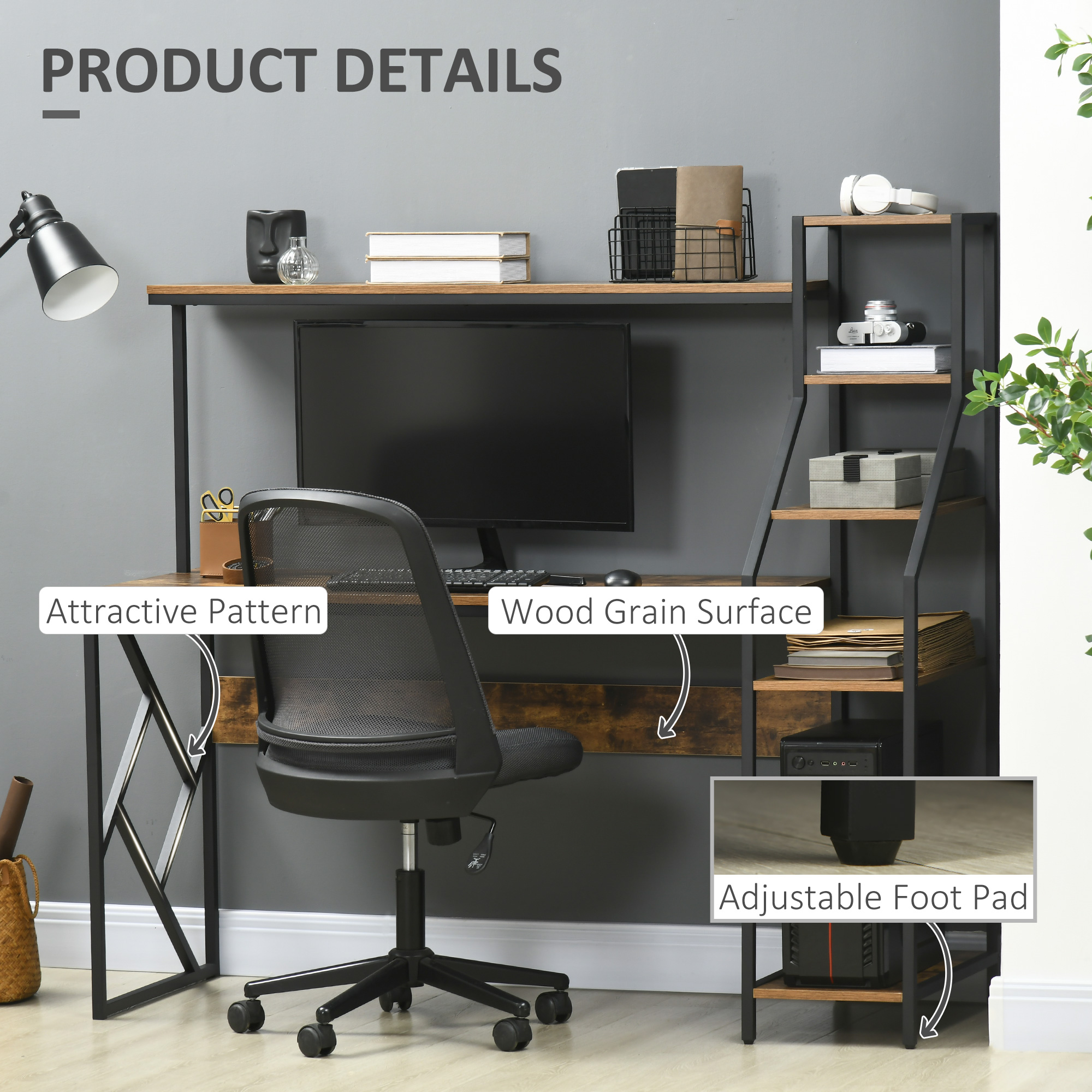 HOMCOM Computer Desk with Bookshelf, Industrial Writing Table with 6 Tier Storage Shelves for Home Office, Bedroom, Study, 150 x 55 x 138cm, Rustic Brown 5