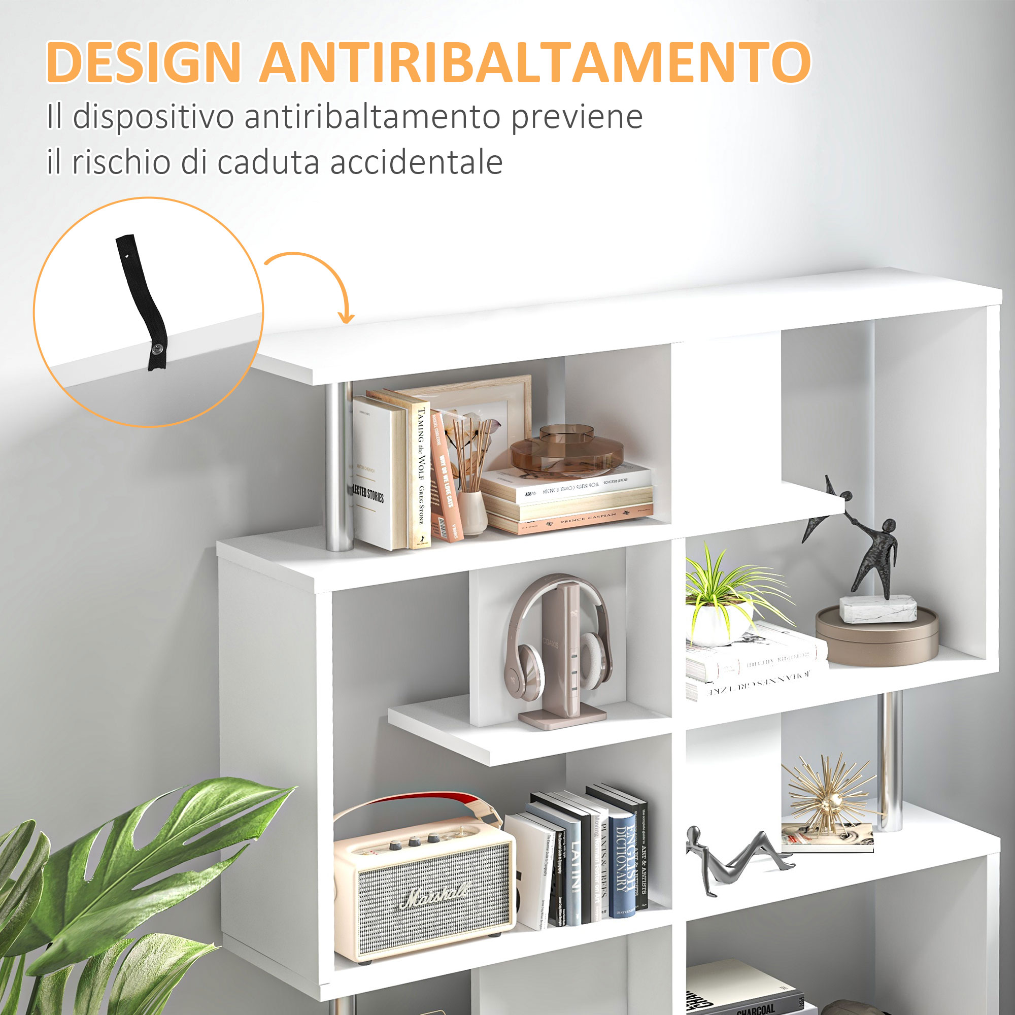COSTWAY Libreria A 6 Livelli In Legno, Scaffale Con Struttura In Metallo Forma Di S Librerie Salvaspazio Divisorio Per Soggiorno Ufficio E Studio C 94908245