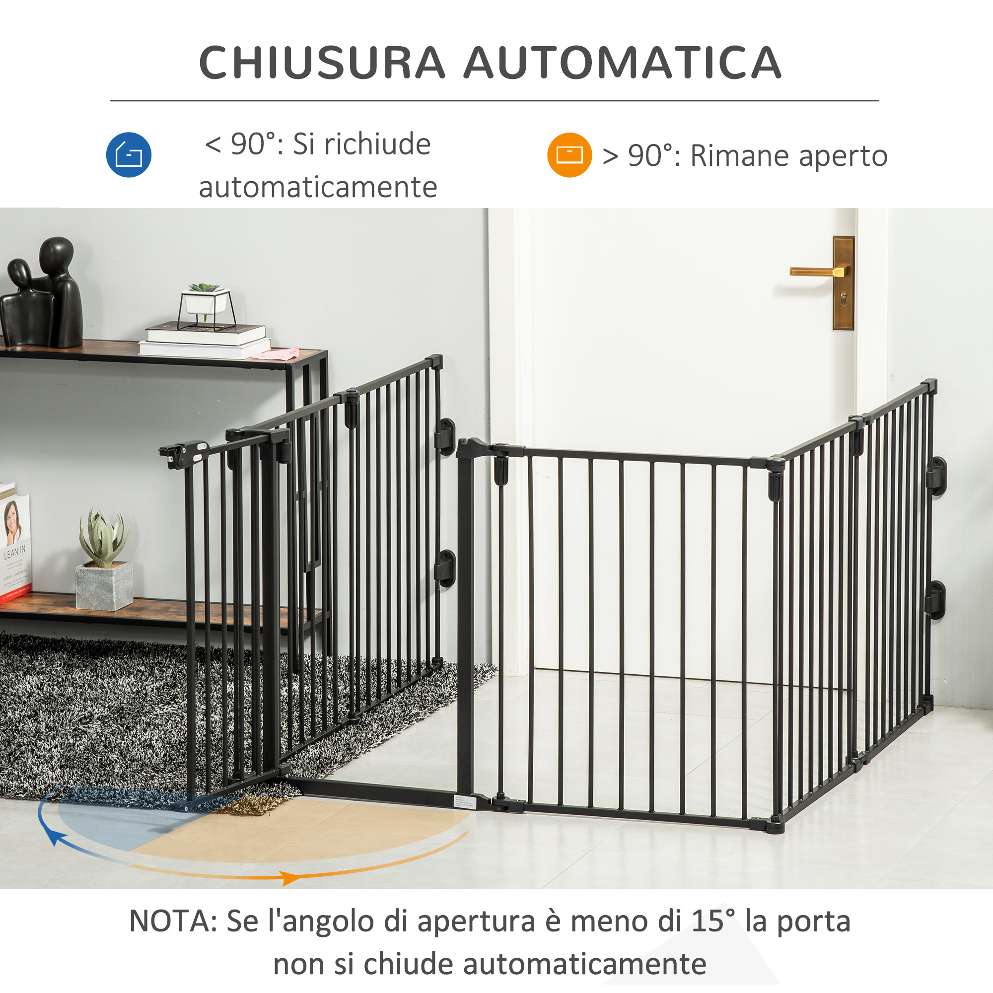Cancelletto Sicurezza Metallo Per Cani Regolabile - Barriera Pieghevole Con Chiusura Automatica 180x74.5cm Nero - Foto 7