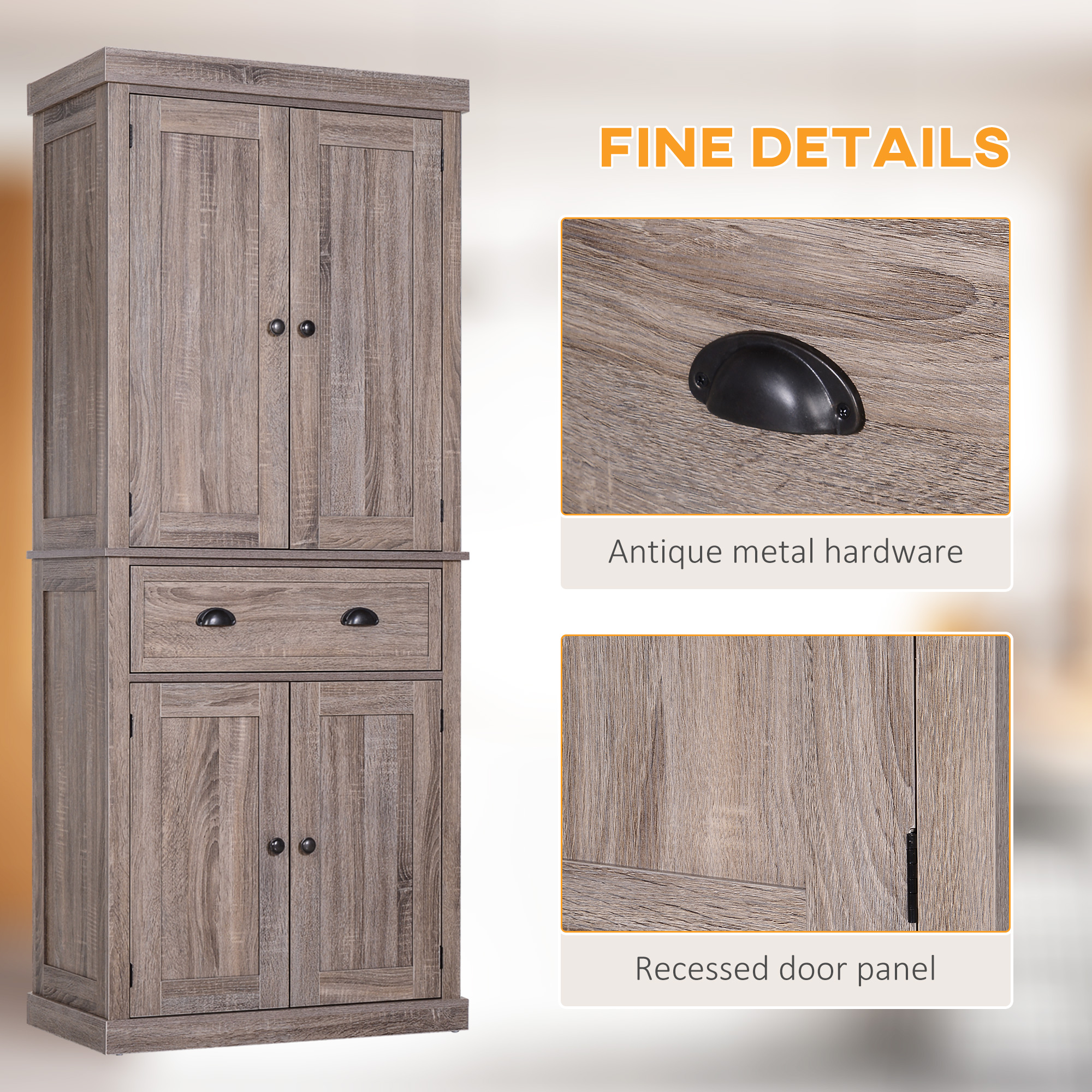 HOMCOM Freestanding Kitchen Cupboard, 184cm Tall Storage Cabinet with Doors and Shelves, Traditional Colonial 4-Door Kitchen Pantry Cupboard with Drawer, Dark Wood Grain 5