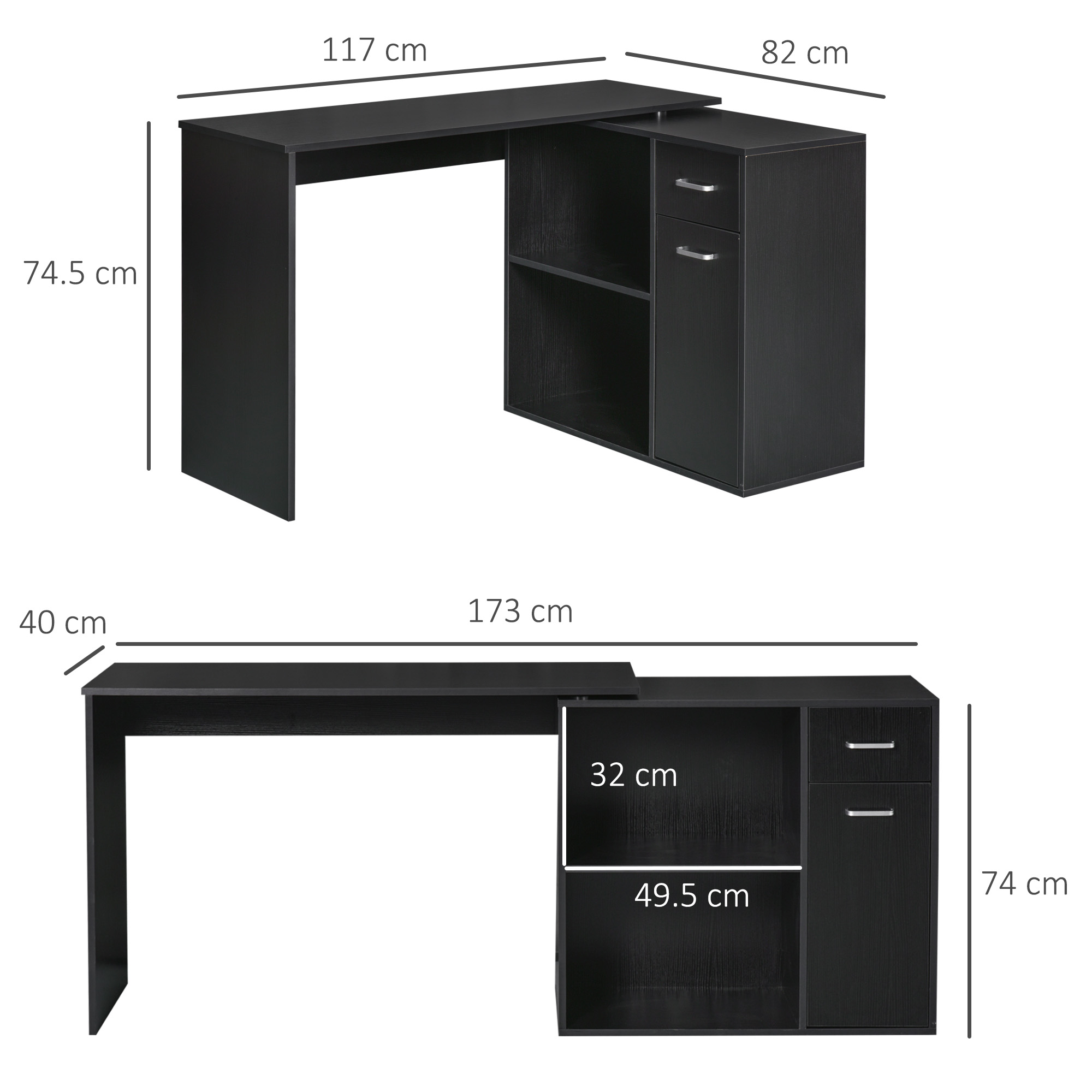 HOMCOM L-Shaped Desk, Corner Computer Desk, Adjustable Study Table with Storage Shelf, Drawer and Cabinet, Workstation for Home Office, Black Wood Grain 3