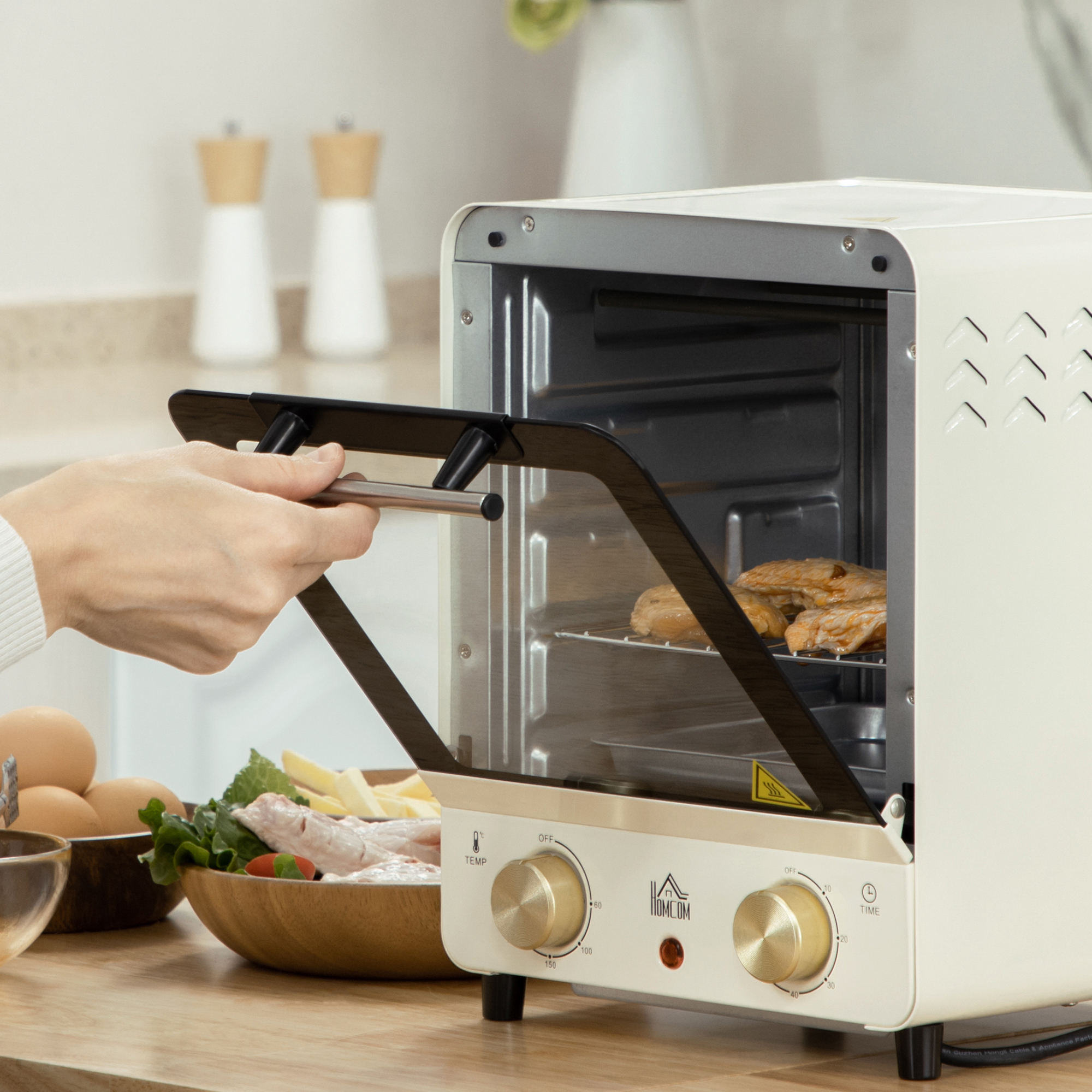 HOMCOM Mini Oven, 15 Litres Electric Oven and Grill with 60-230℃ Adjustable Temperature, 60 Minute Timer, Include Baking Tray, Wire Rack and Crumb Tray, 1000W, Cream White 9