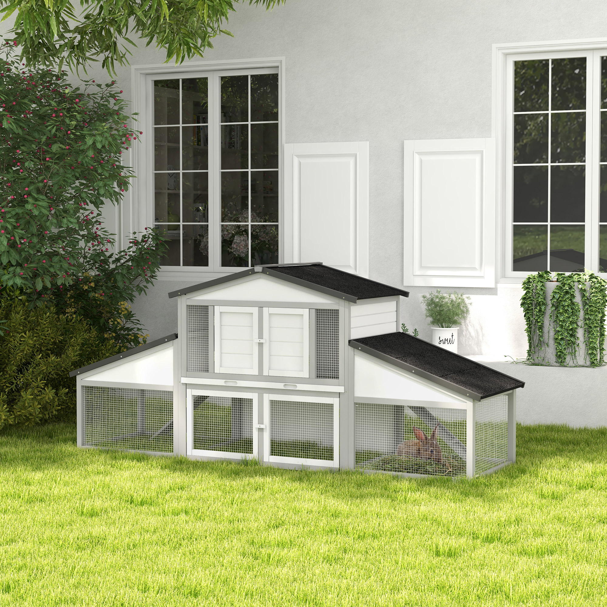 PawHut Large Rabbit Hutch with Run, Outdoor Bunny Cage, with Tray, Ramp Light Grey 2