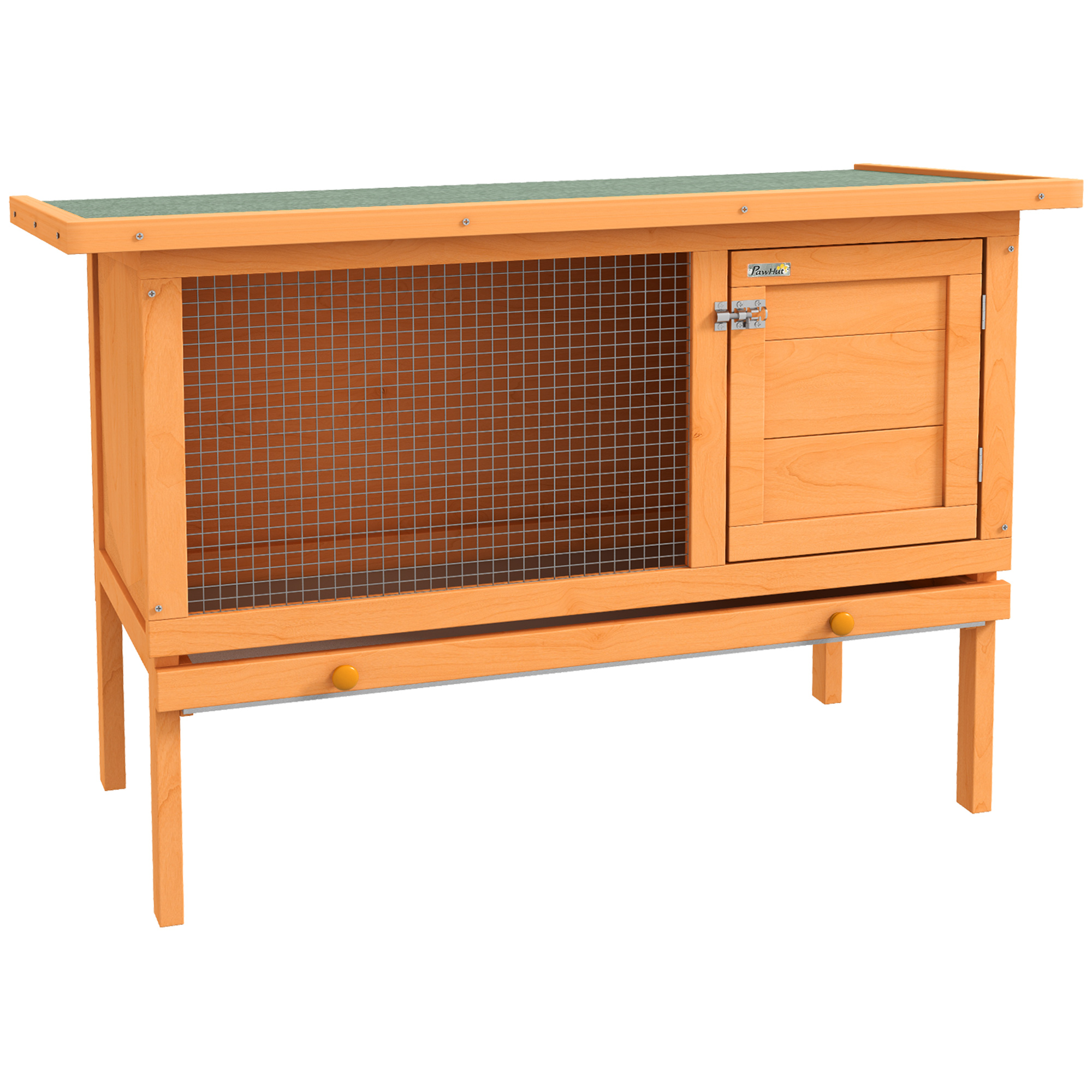 PawHut Rabbit Hutch with Run Wooden Guinea Pig Hutch Outdoor Bunny Cage Hide House with Sliding Tray, Hay Rack, Ramp, 156 x 58 x 68cm, Orange