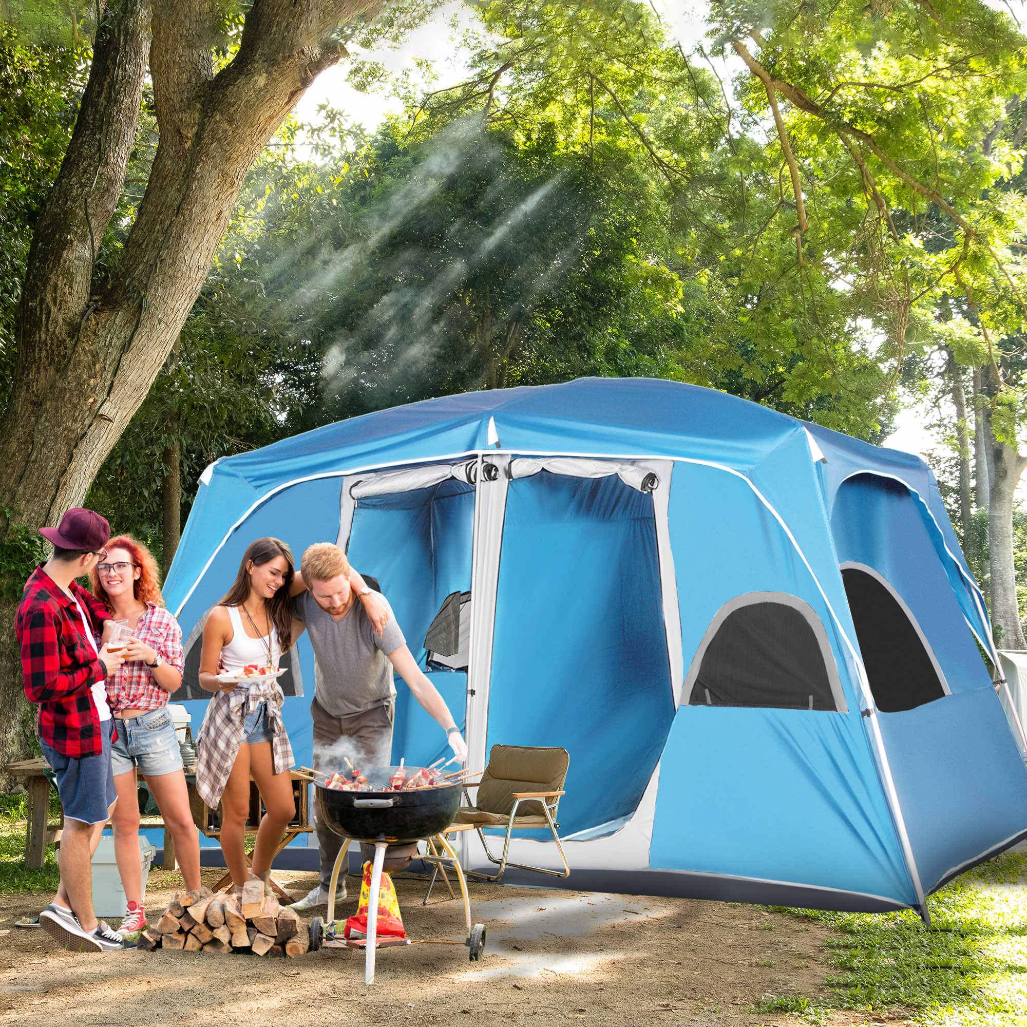 Outsunny 4-8 Person Camping Tent Family Tent with 2 Room, Mesh Windows, Easy Set Up for Backpacking, Hiking, Outdoor, Blue 2