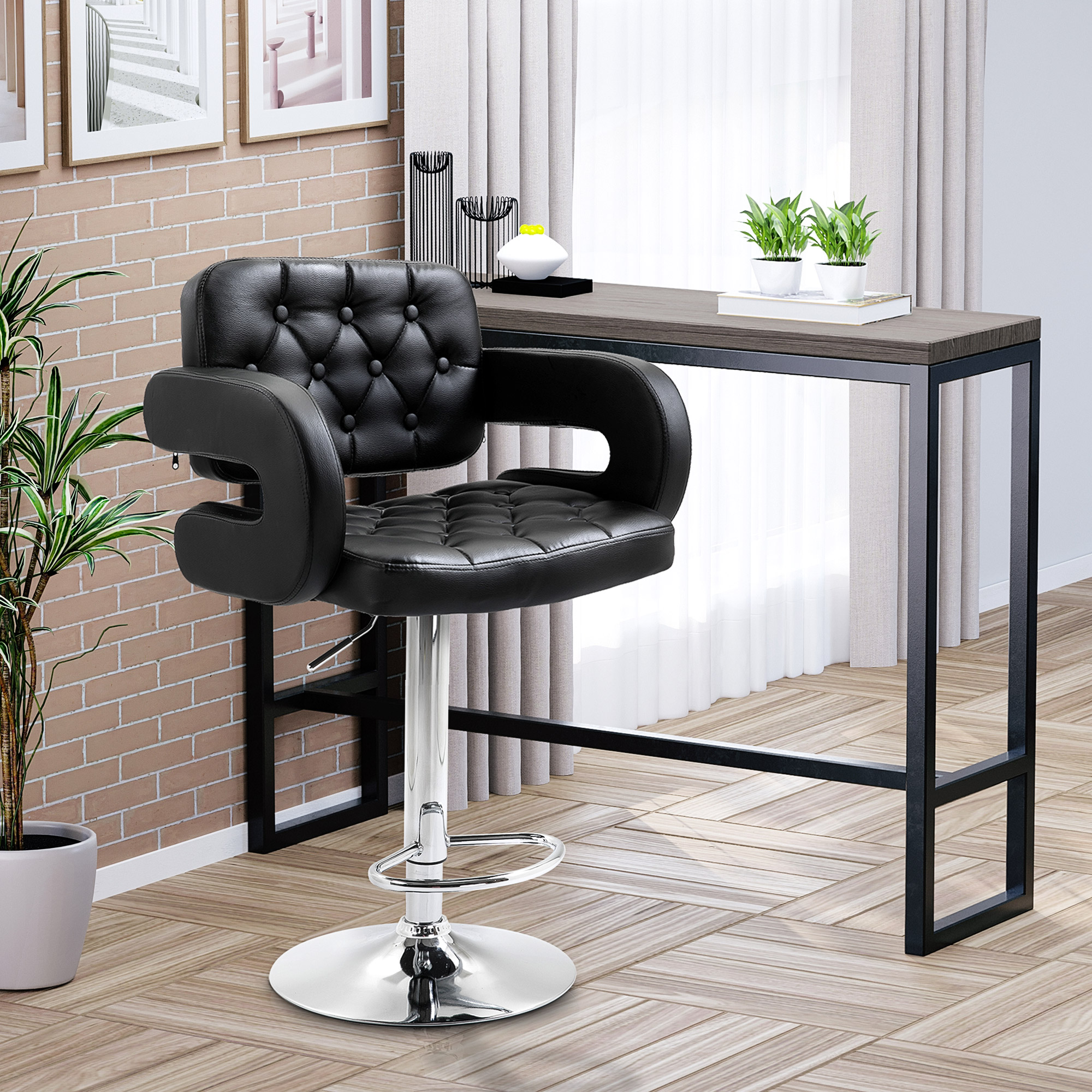 HOMCOM PU Leather Upholstered Swivel Bar Stool, Height Adjustable with Back, Armrest, Footrest, Black 2