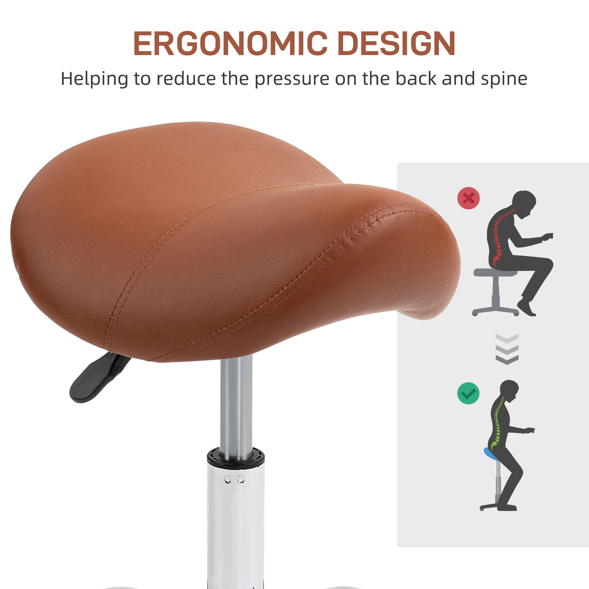 HOMCOM Saddle Stool, Height Adjustable Salon Chair for Massage Spa, Faux Leather, Brown 7