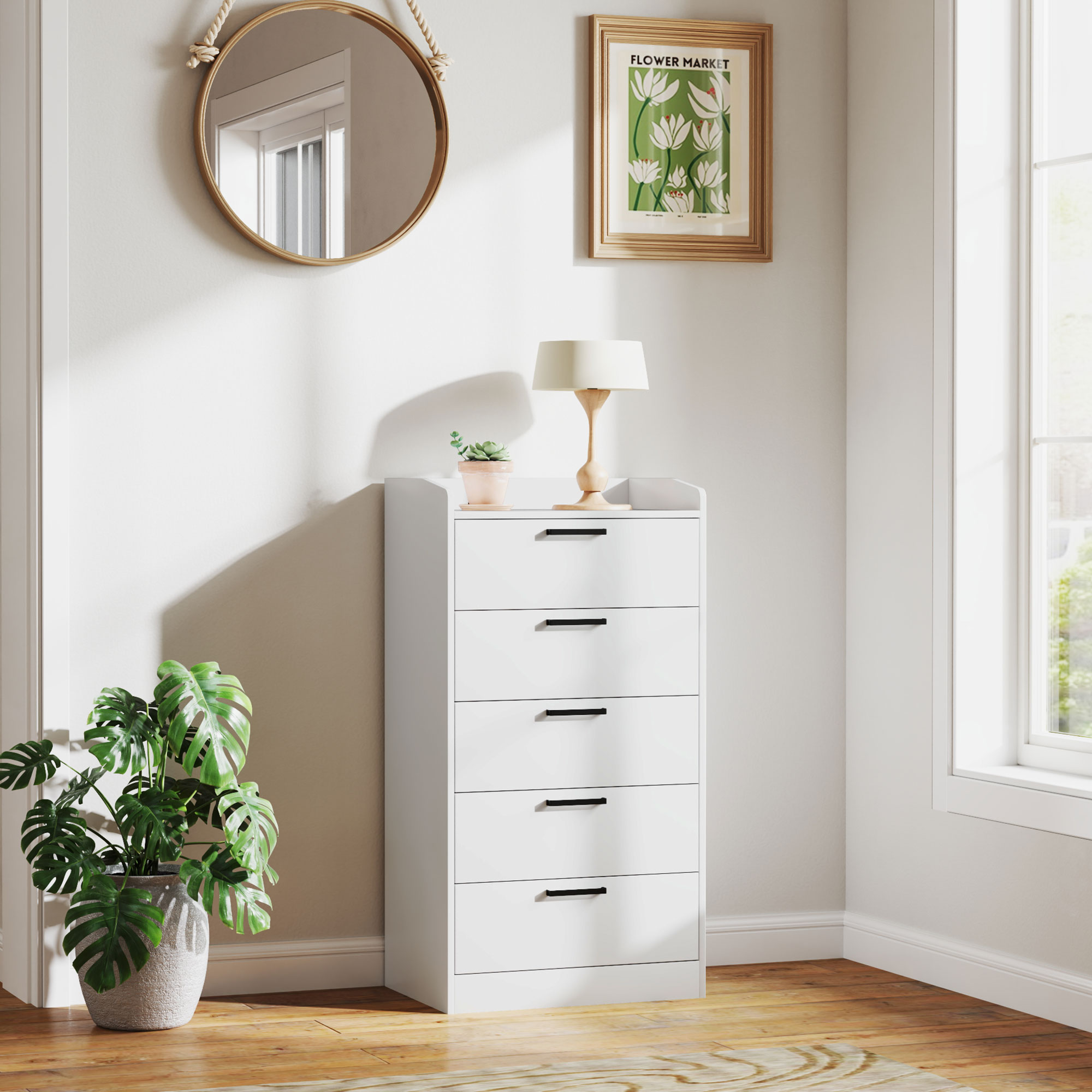 HOMCOM Cassettiera Con 5 Cassetti In Legno Salvaspazio E Antiribaltamento 74x40x91cm Bianco 91181139