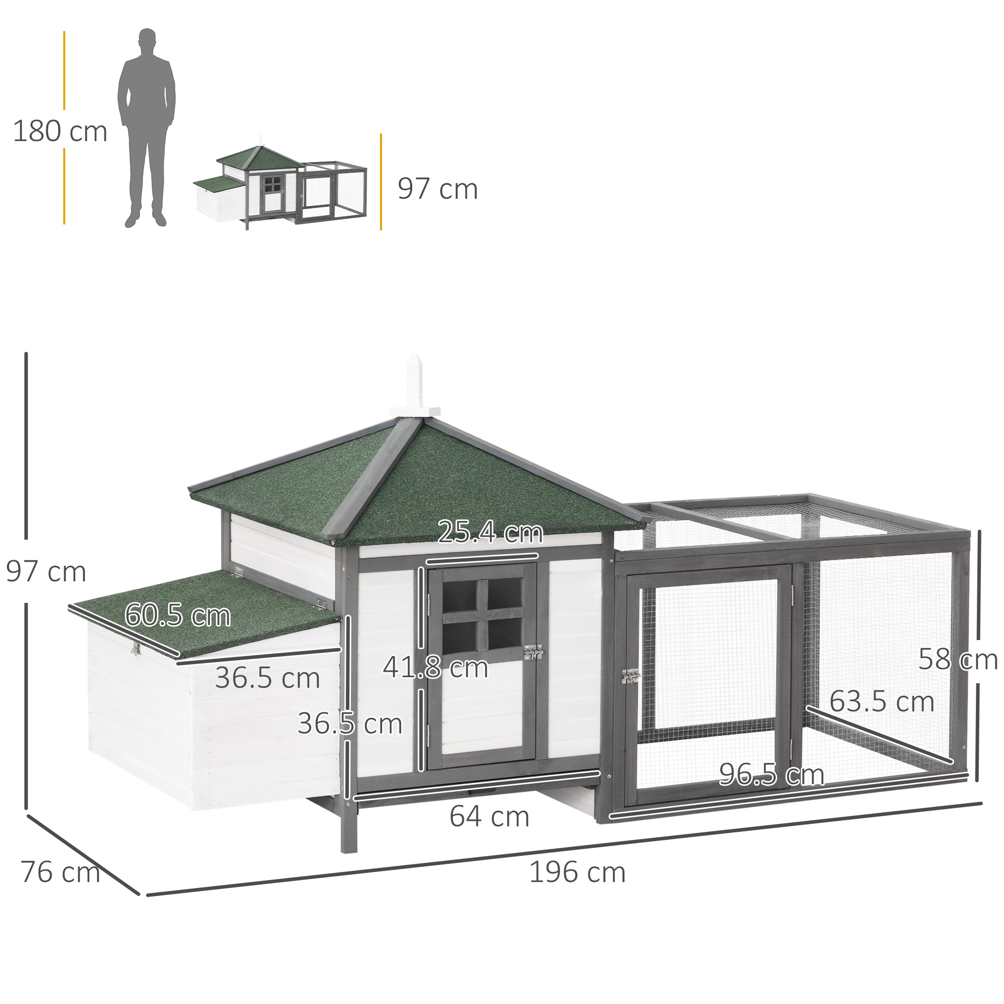 PawHut Chicken Coop Small Animal Pet Cage w/ Nesting Box Outdoor Run Wooden 3