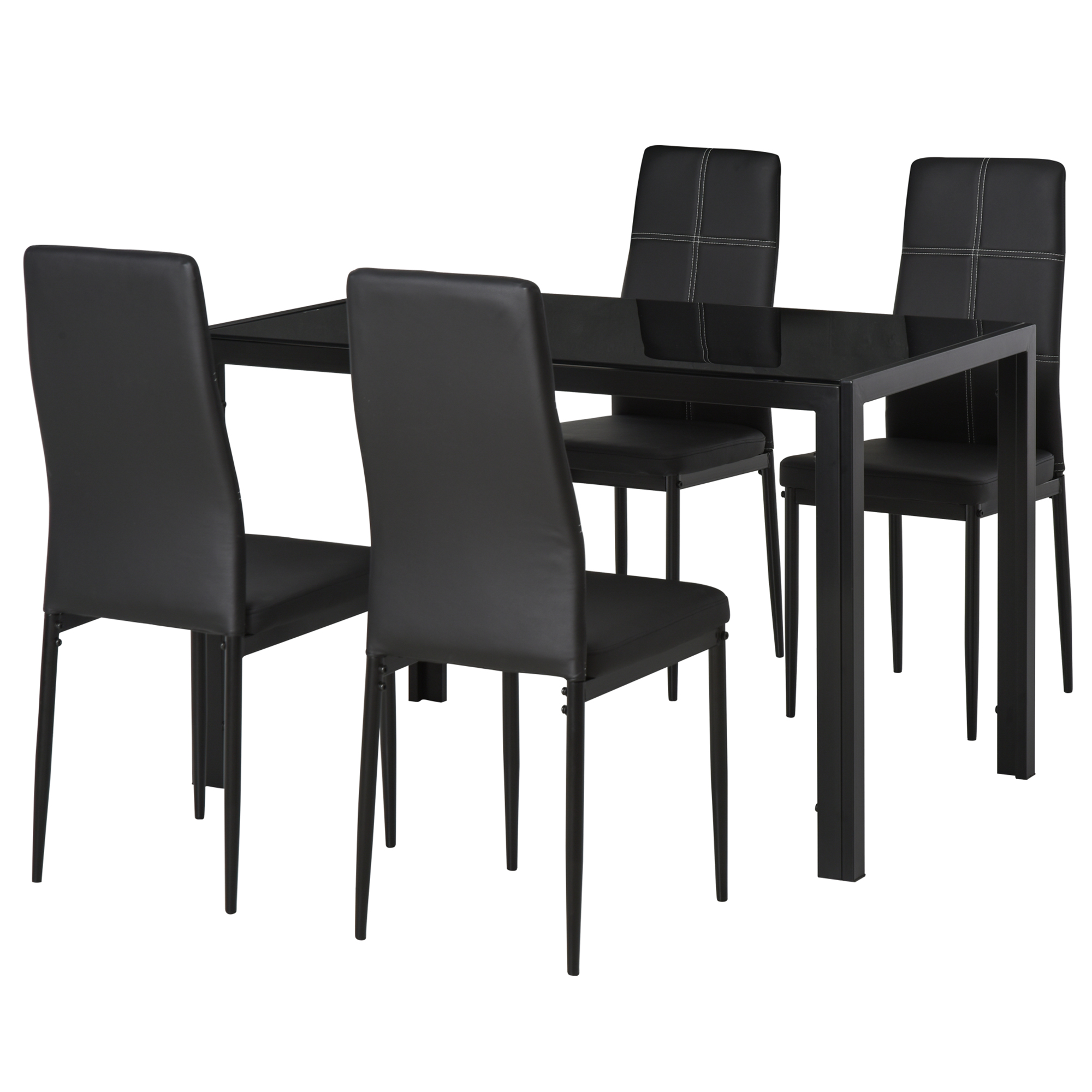 HOMCOM Conjunto de Comedor de Mesa y 4 Sillas 5 Piezas Mesa Rectangular de Vidrio Templado y Sillas Tapizadas en PU Negro