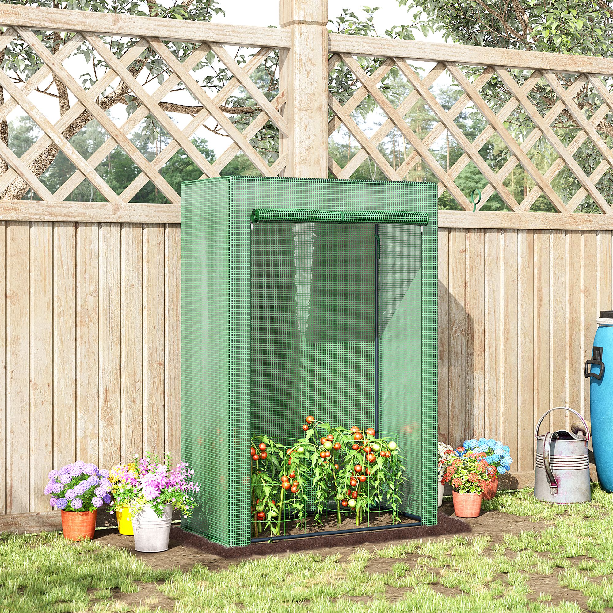 Outsunny 100 x 50 x 150cm Tomato Greenhouse Steel Frame PE Cover with Roll-up Door Outdoor for Backyard, Balcony, Garden, Green 2