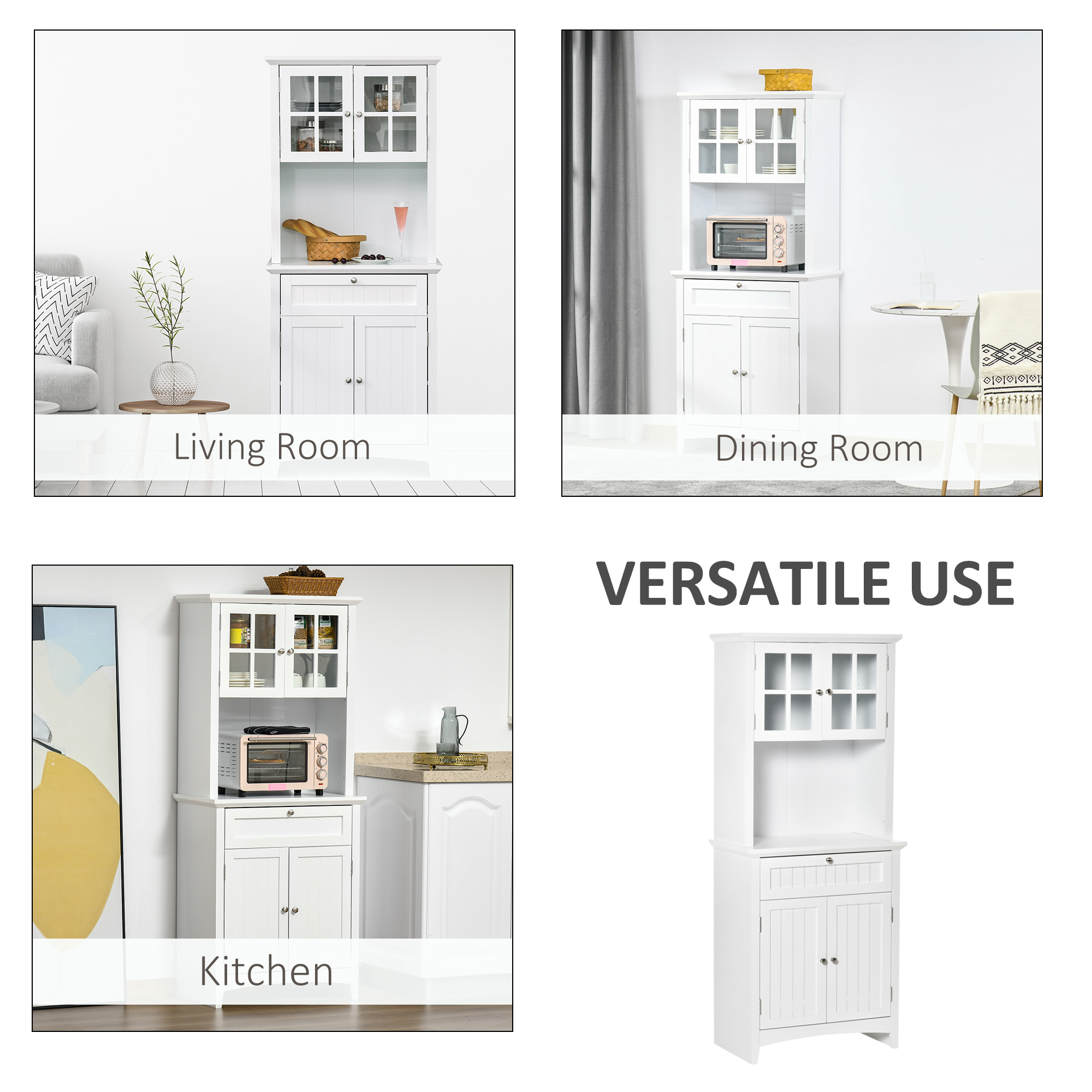 HOMCOM Kitchen Cupboard, Wooden Storage Cabinet with Framed Glass Door, Drawer, Microwave Space for Dining and Living Room, White 7