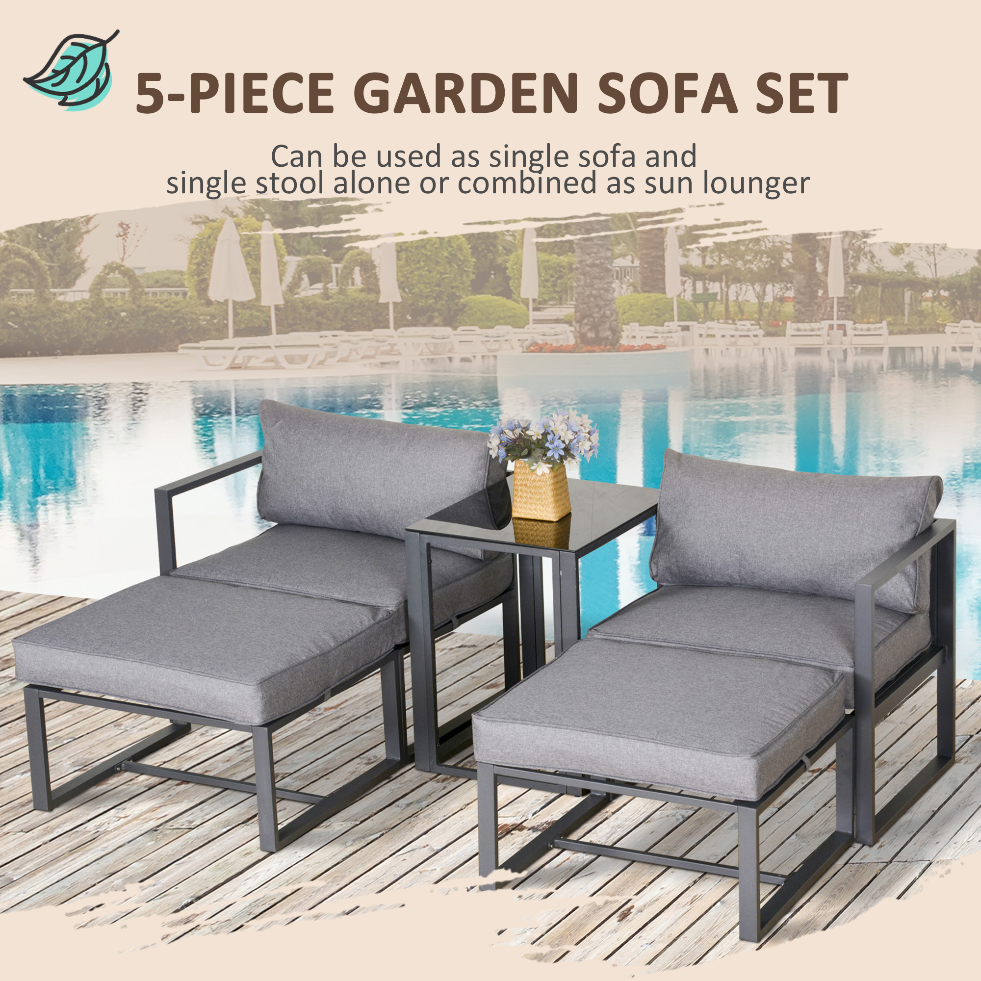 Outsunny 5 Piece Garden Aluminium Conversation Sofa Set Patio Furniture Set Outdoor 2 Sofas 2 Footstools End Table with Cushions 5