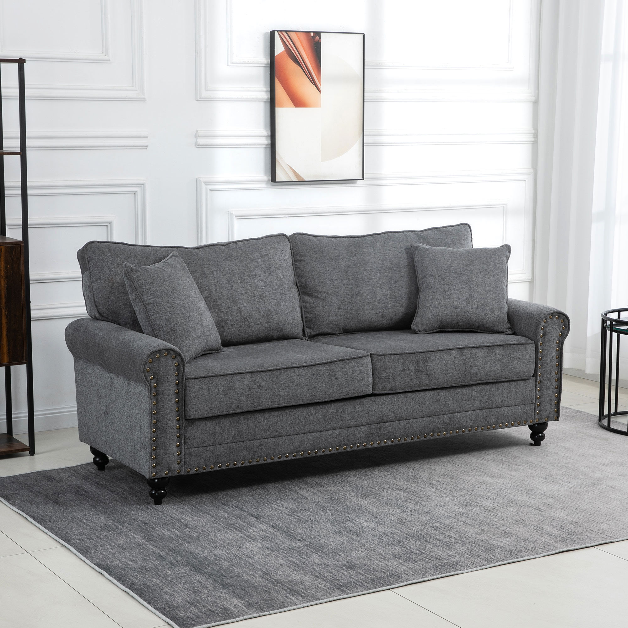 HOMCOM 196cm 3 Seater Sofa, Fabric Sofa with Rubber Wood Legs, Nailhead Trim, 2 Pillows, Small Upholstered Couch Settee for Living Room, Guest Room, Grey 2