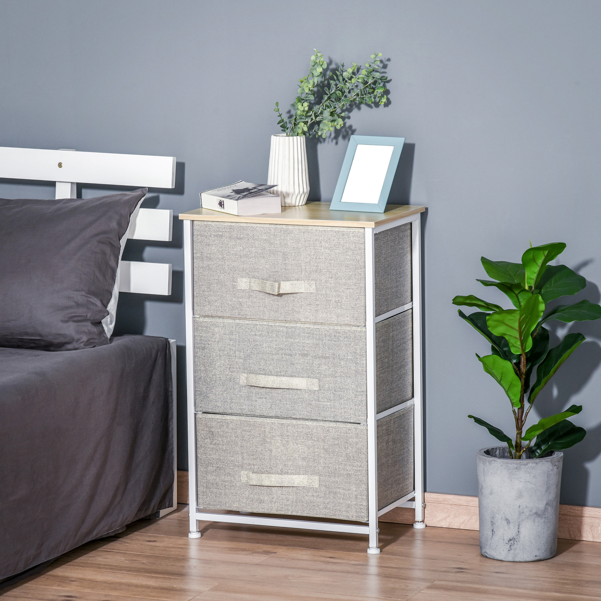 HOMCOM Vertical 3-Tier Linen Drawer Cabinet Organizer Storage Dresser Tower with Metal Frame Adjustable Feet for Living Room, Bathroom, Kitchen, White, Oak and Light Grey 2