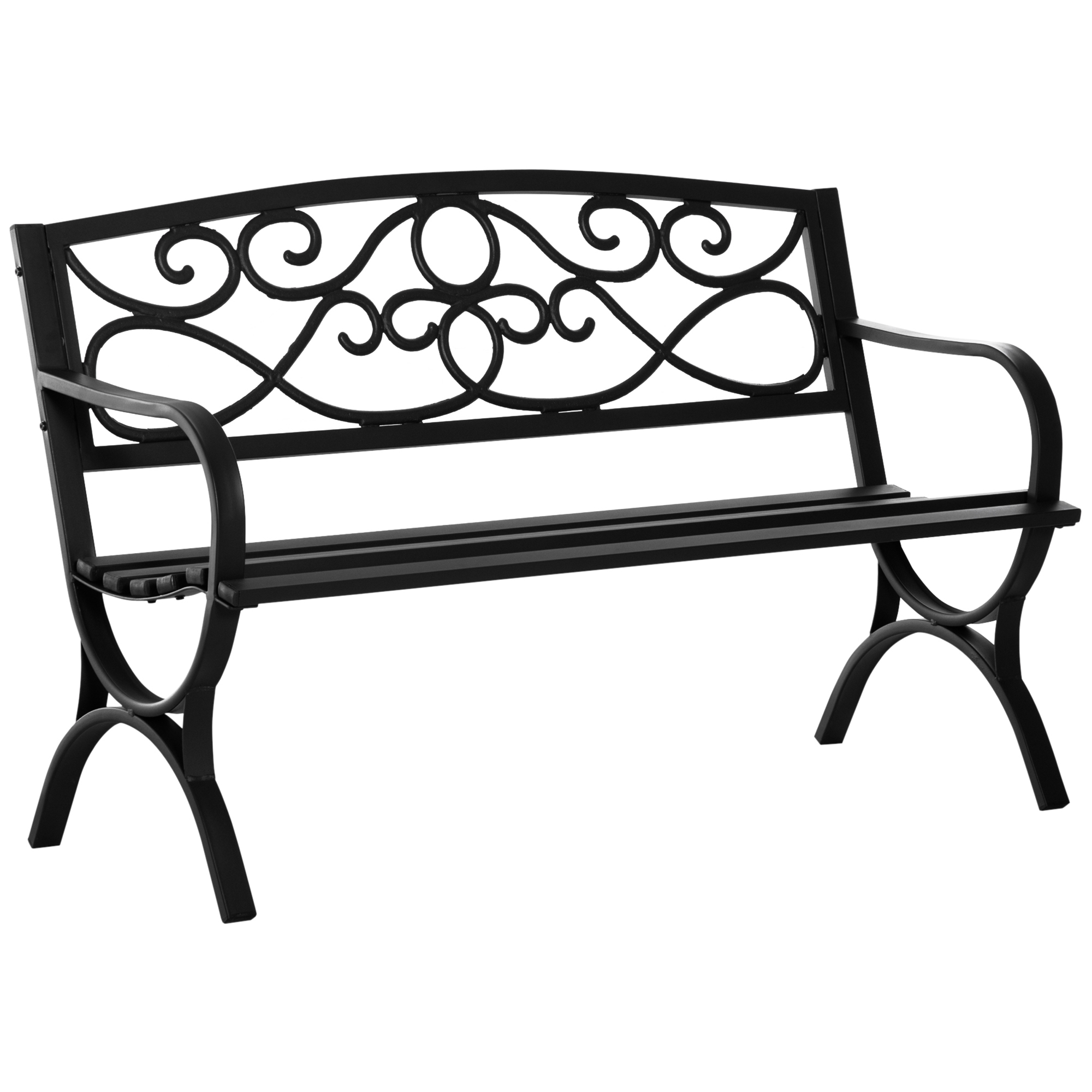 Outsunny Banc de jardin 2 places banquette dossier incliné assise à lattes accoudoirs confortables châssis acier fonte 128 x 58,5 x 85 cm noir Outsunny Banc de jardin 2 places banquette dossier incliné assise à lattes accoudoirs confortables châssis acier fonte 128 x 58,5 x 85 cm noir